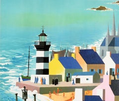 Original Vintage Train Travel Poster Brittany Discover France Mid-Century Modern