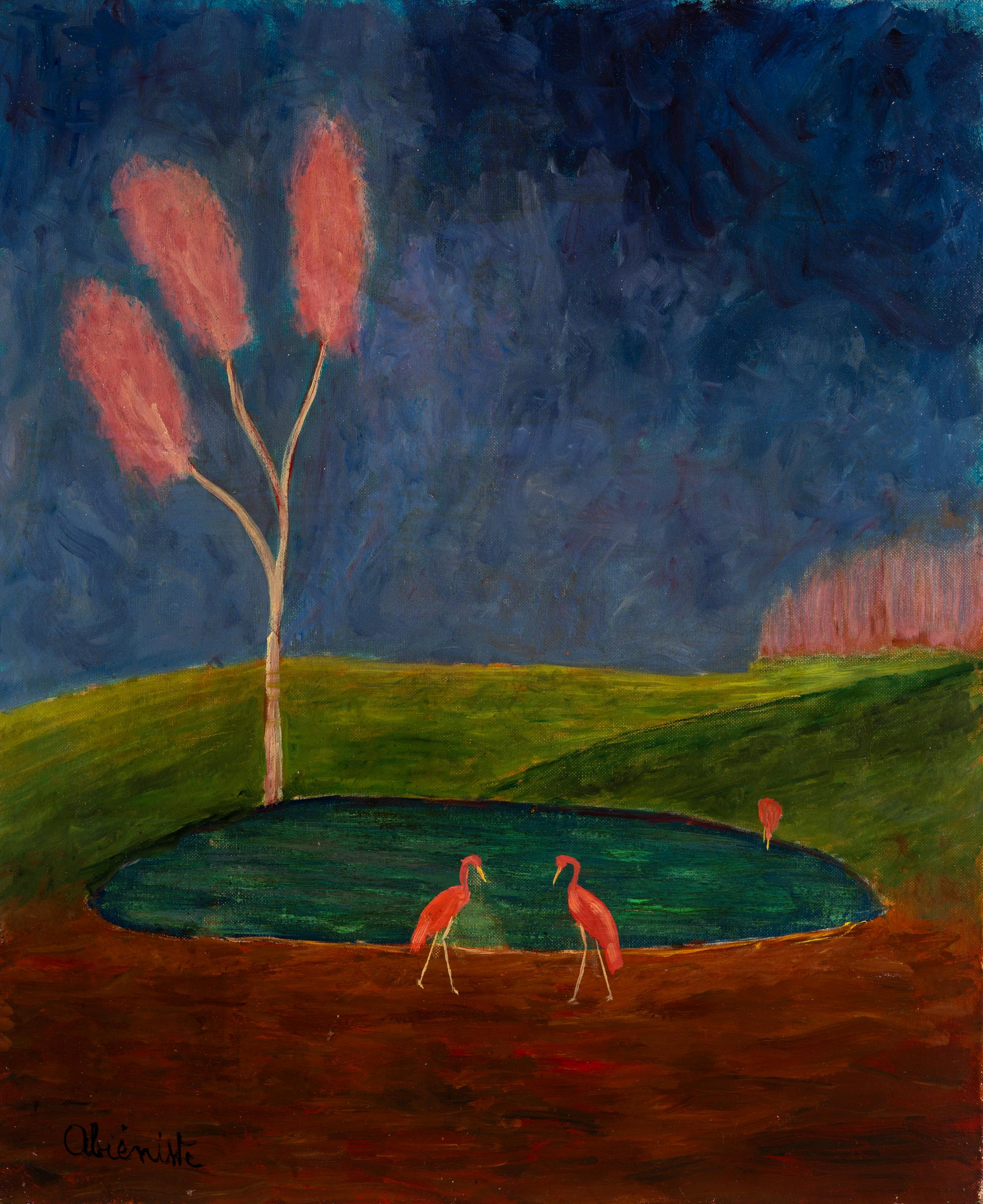 Flamingos by a Pond under a Pink Tree, Naïve Dreamlike Landscape