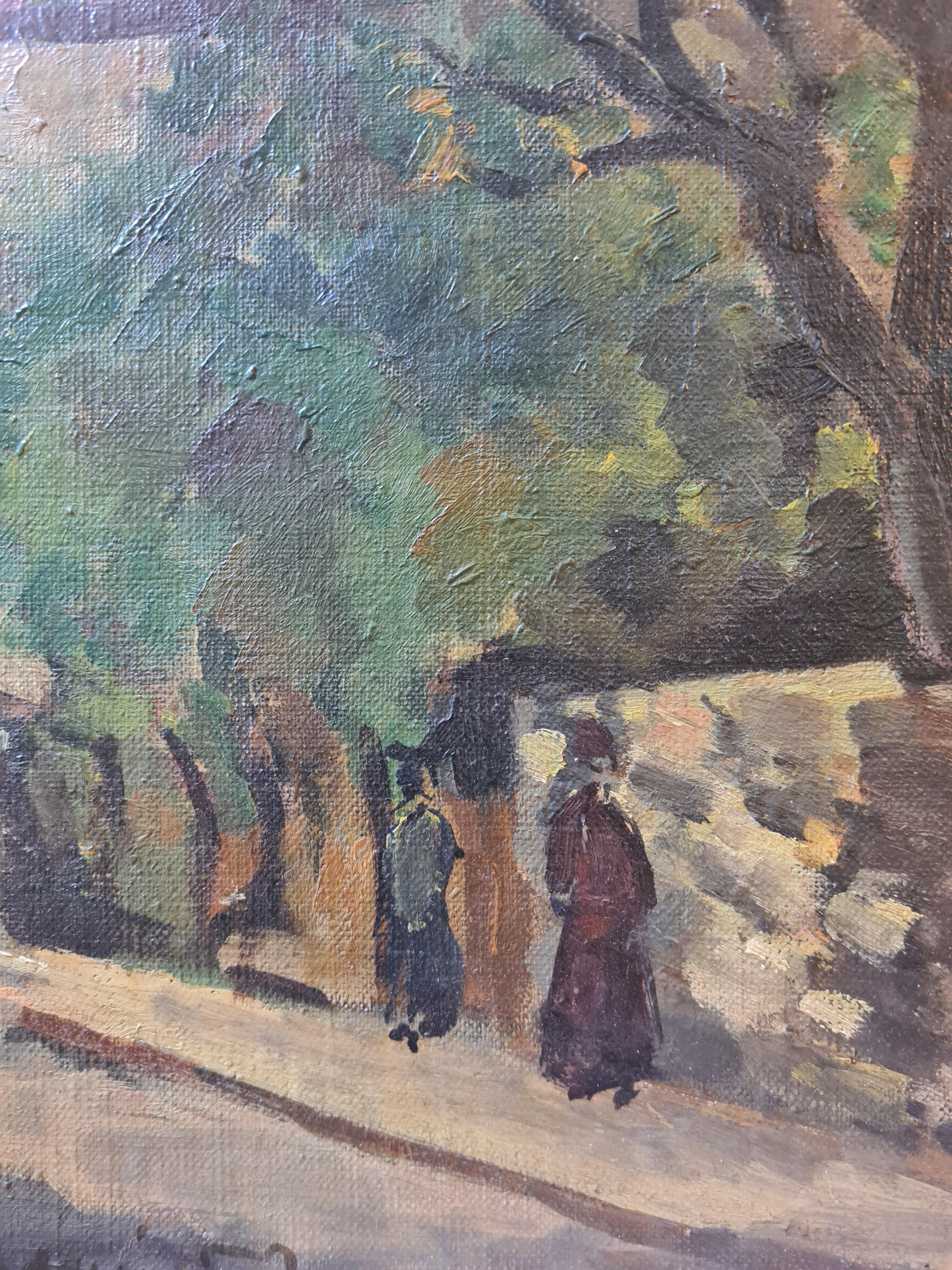 Huile sur toile post-impressionniste française représentant une scène de rue par Jean Jacques Antoine. Le tableau est signé et daté en bas à gauche.

Une vue forte et imposante d'une scène de rue typiquement française, probablement Paris. Antoine a