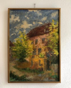 Mid-20th Century Framed Villa Oil Painting on Canvas, Modern Landscape