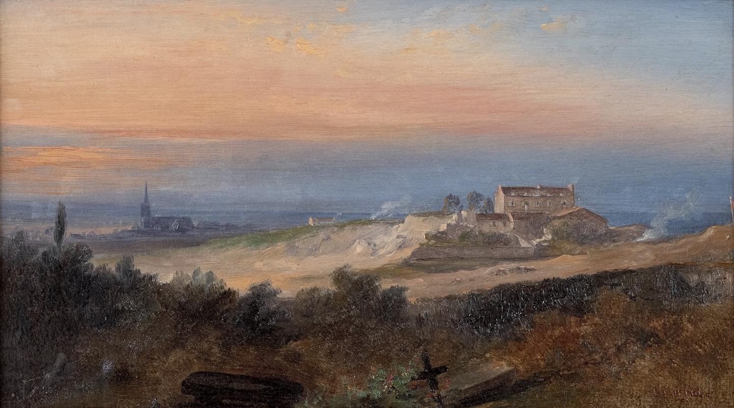Vue de la basilique de Saint-Denis depuis le cimetière de Montmartre, Paris - Painting de Jean-Jacques CHAMPIN