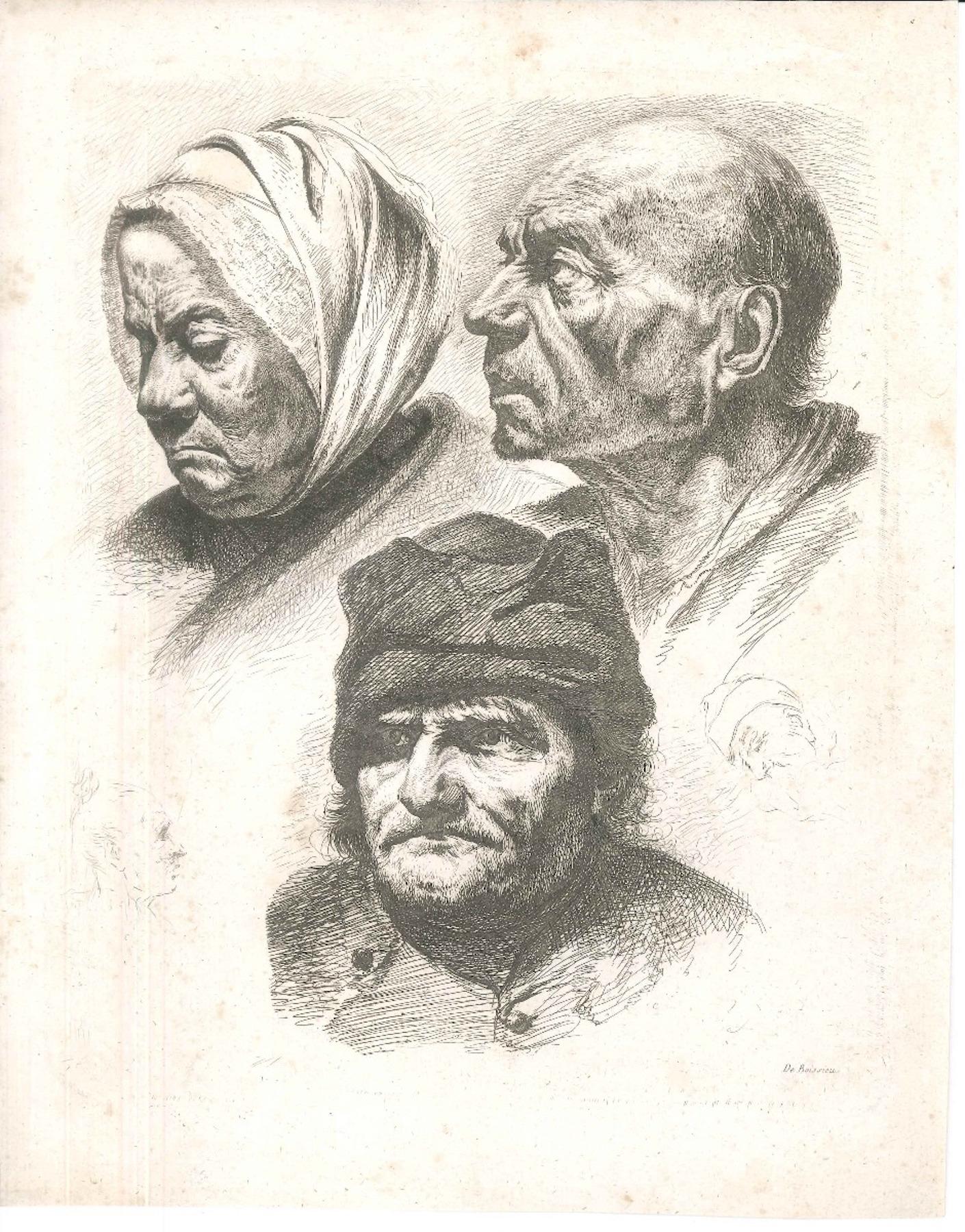 Study of Five Heads - Original Etching by J.-J. Boissieu