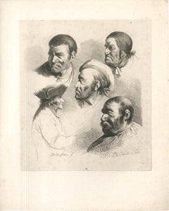 Study of Five Male Portraits - Original Etching by J.-J. Boissieu