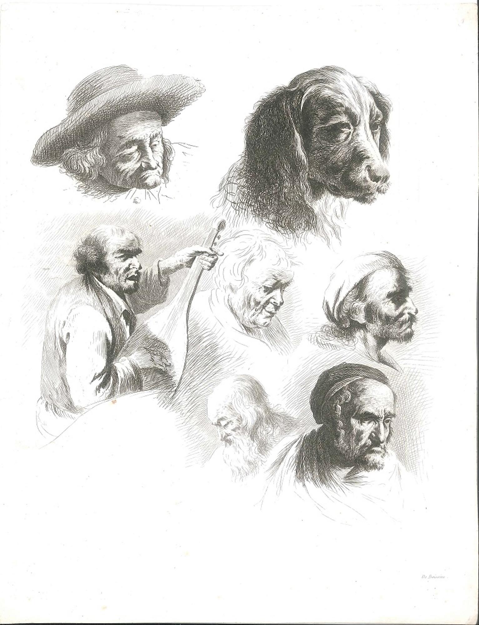 Jean-Jacques de Boissieu Animal Print - Study of Six Heads and a Dog - Original Etching by J.-J. Boissieu