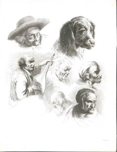 Study of Six Heads and a Dog - Original Etching by J.-J. Boissieu