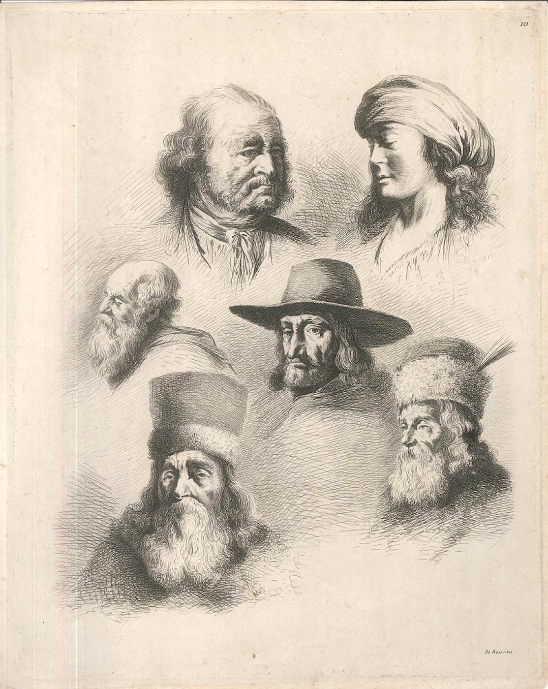 Study of Six Heads - Etching by J.-J. Boissieu