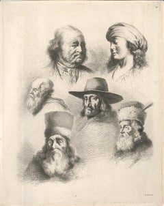 Estudio de seis cabezas - Aguafuerte de J.-J. Boissieu