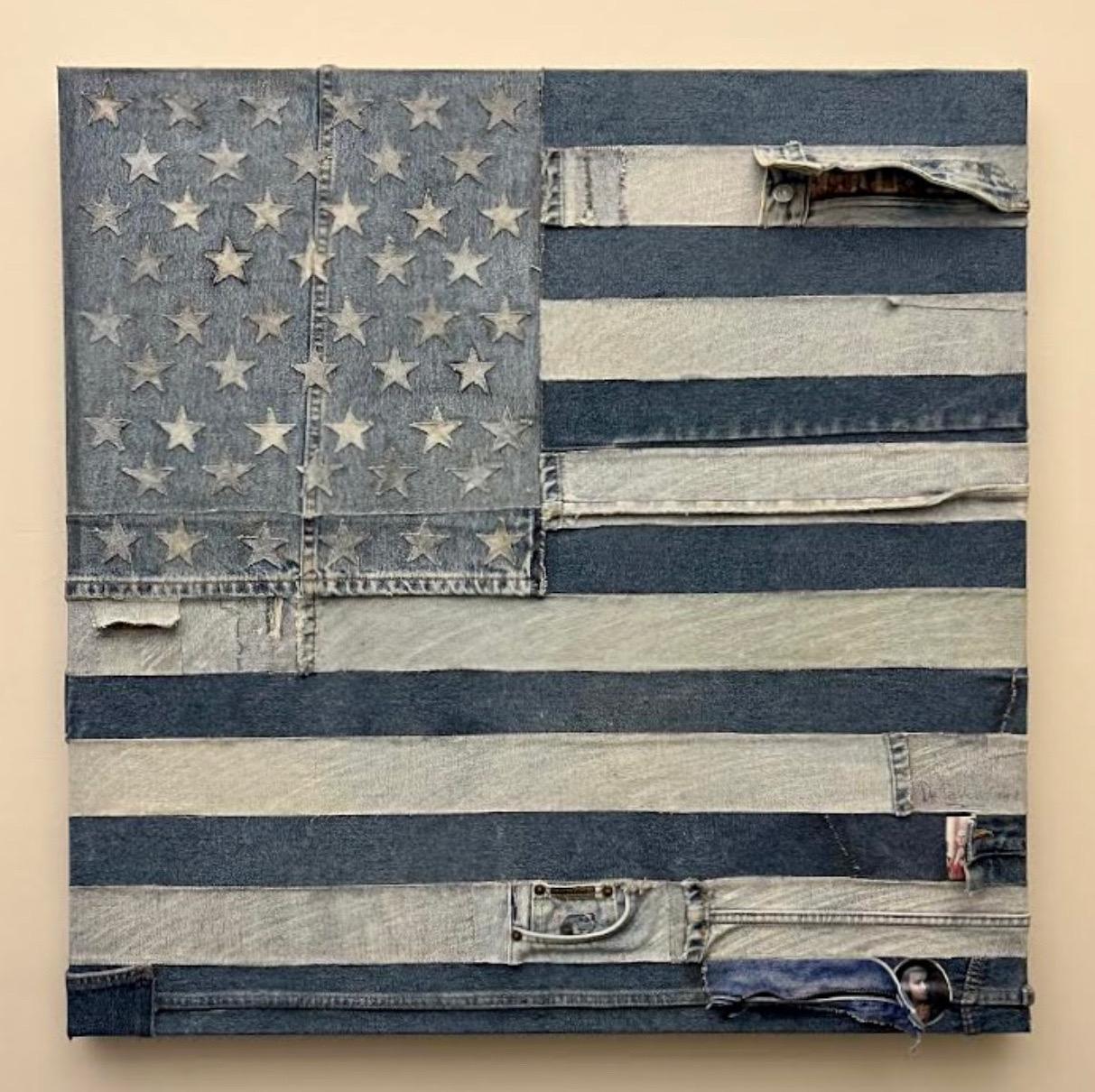 Vintage 1970s Pop Art Americana Patriotic American Flag Denim Jeans Hand Sewn  - Sculpture by Jean Jacques DelaVerrière