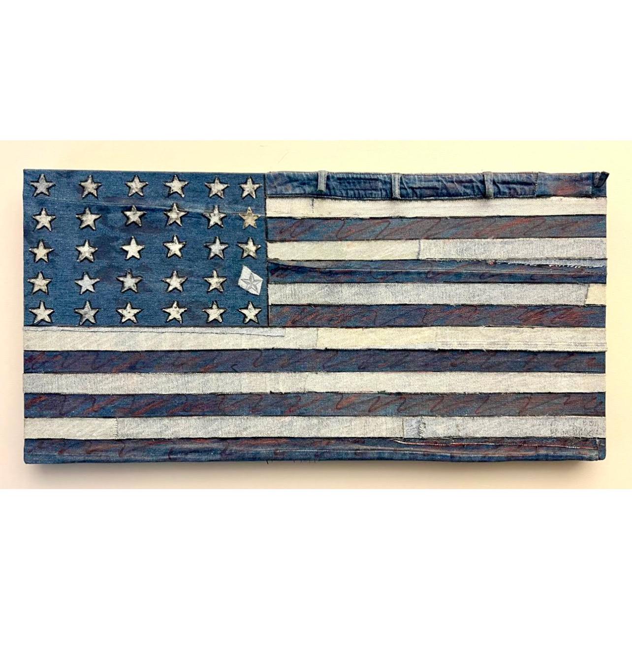 Vintage 1970er Pop Art Americana Patriotic American Flagge Denim Jeans Handgenäht, Vintage  (Pop-Art), Mixed Media Art, von Jean Jacques DelaVerrière