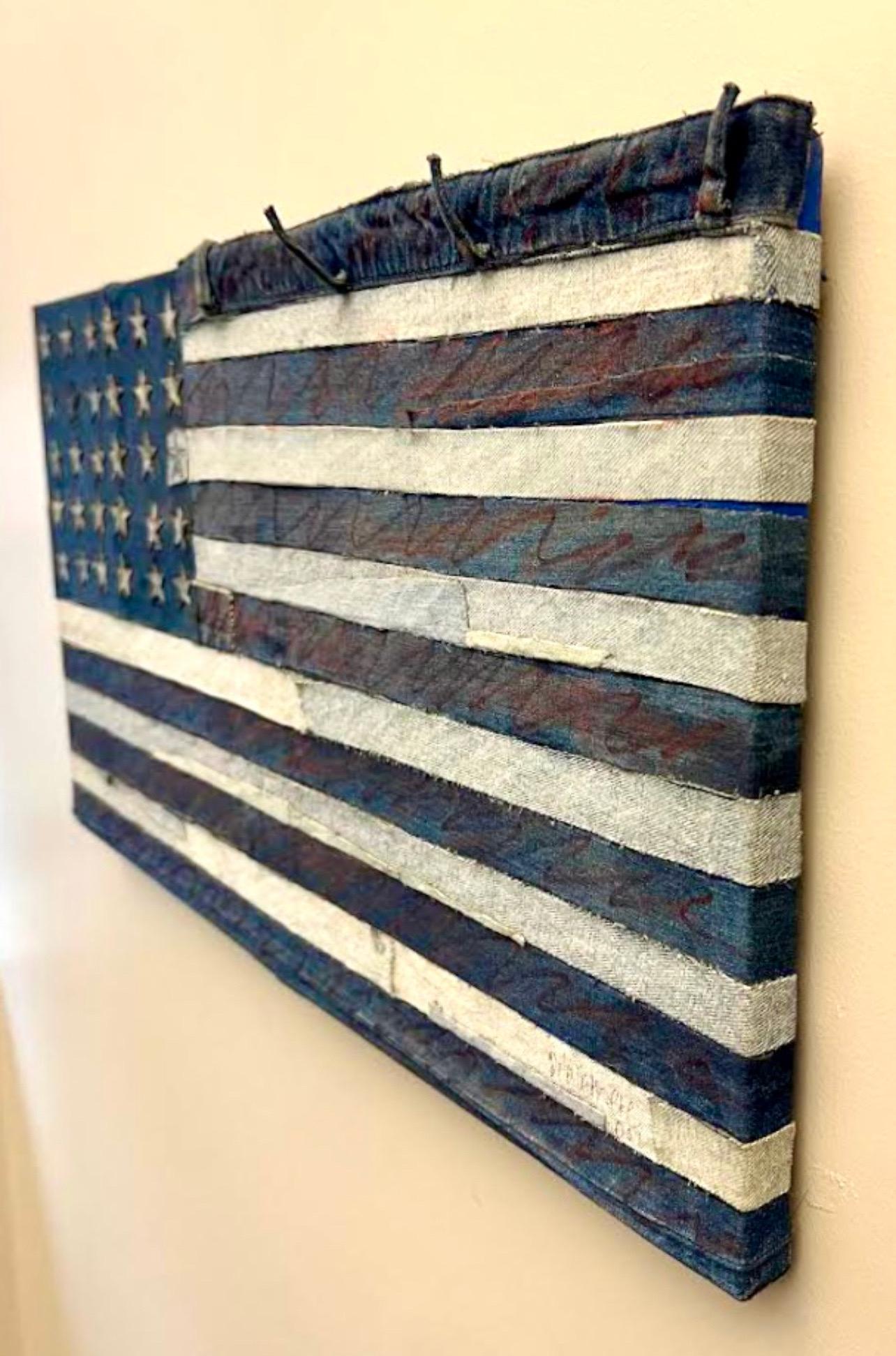 Vintage 1970 Pop Art Americana Patriotic American Flag Denim Jeans cuciti a mano - Sculpture di Jean Jacques DelaVerrière