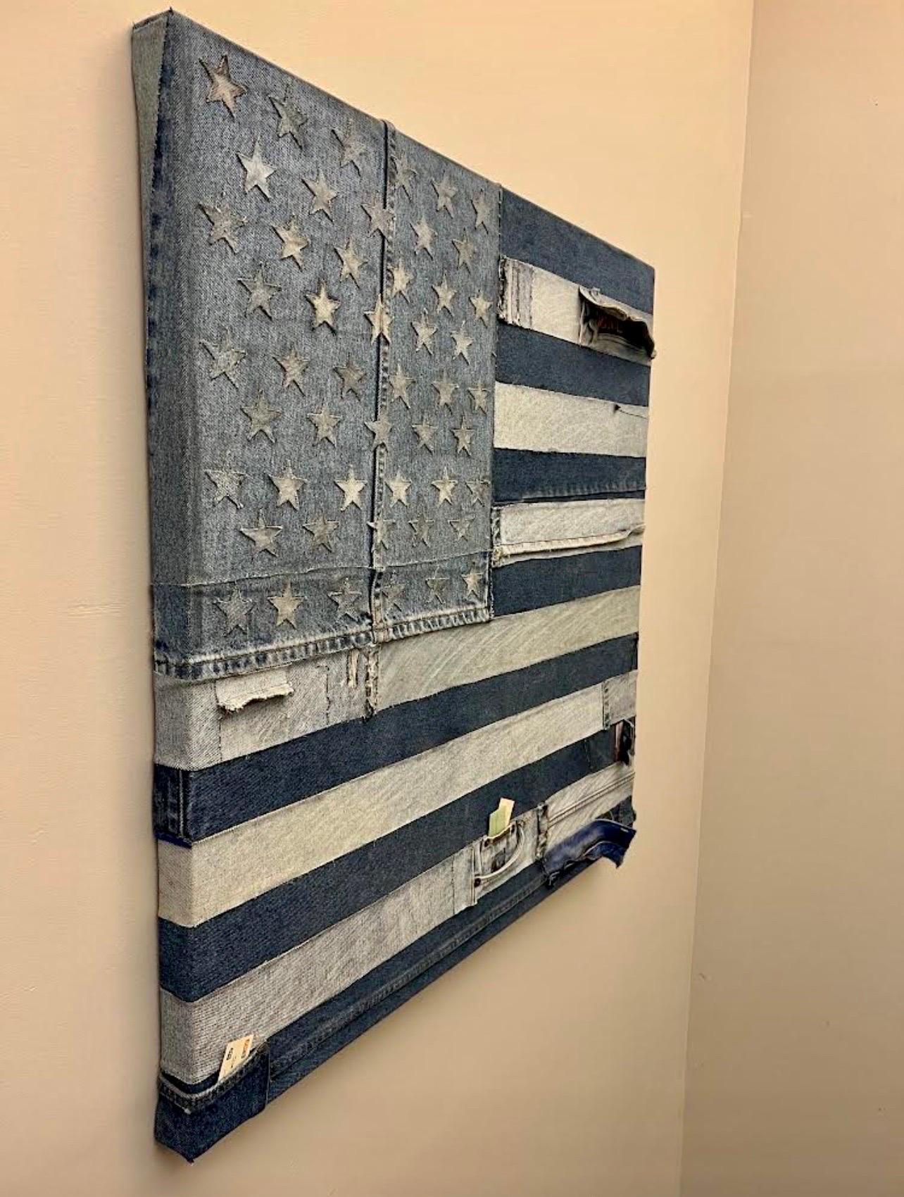 

Pop Art American Flag in Handsewn Patchwork Denim. Label from Pratt verso (Pratt MFA '75) 
I had another with a label from OK Harris Gallery verso. This one does not have that label. 
Hand signed
Genre: Modern
Medium: Denim Jean Textile Fabric,