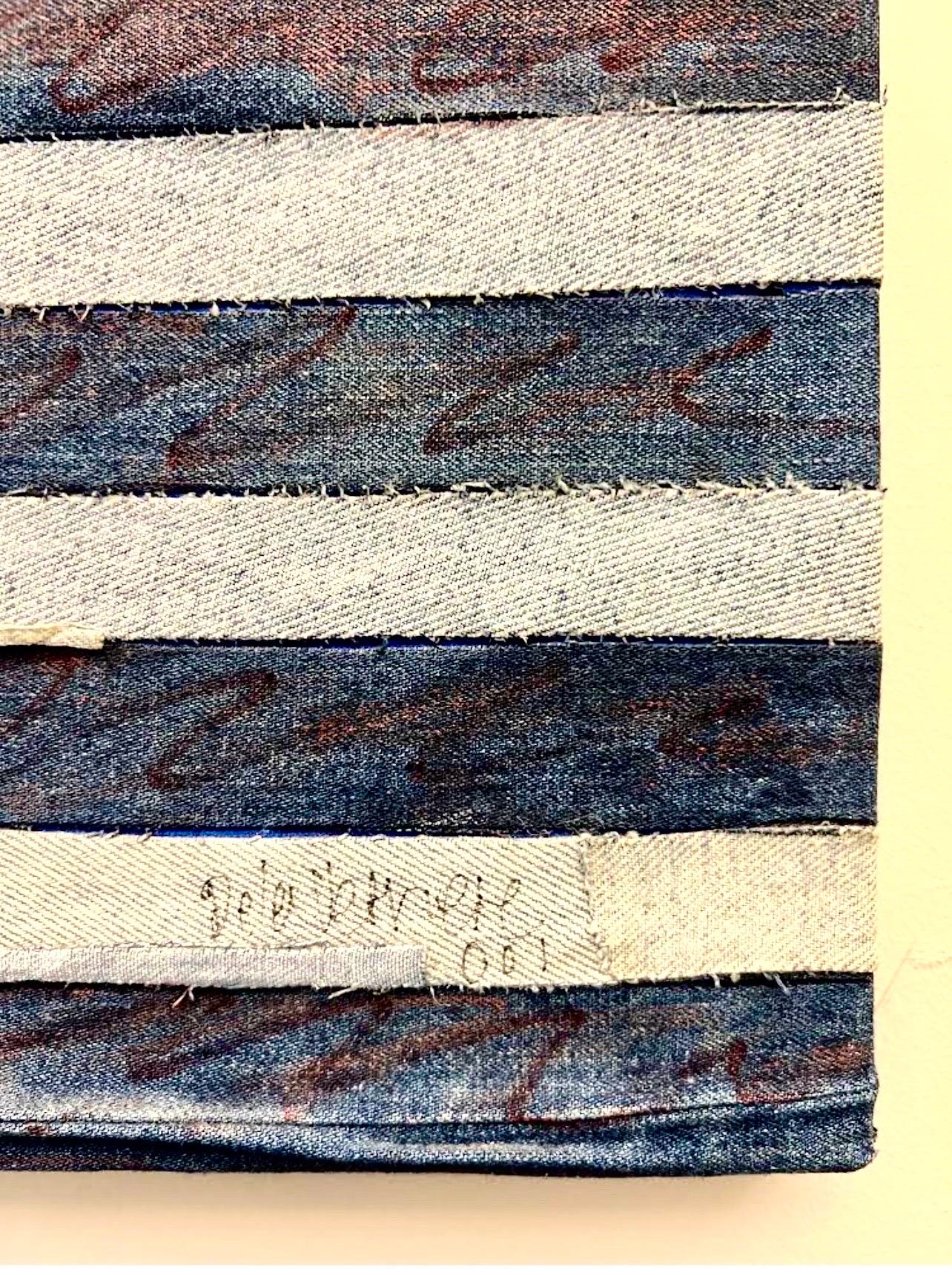 Pop Art American Flag in Handsewn Patchwork Denim. 
I had another with a label from OK Harris Gallery verso. This one does not have that label or the label Label from Pratt verso (Pratt MFA '75) 
Not positive of the year
Hand signed
Genre: