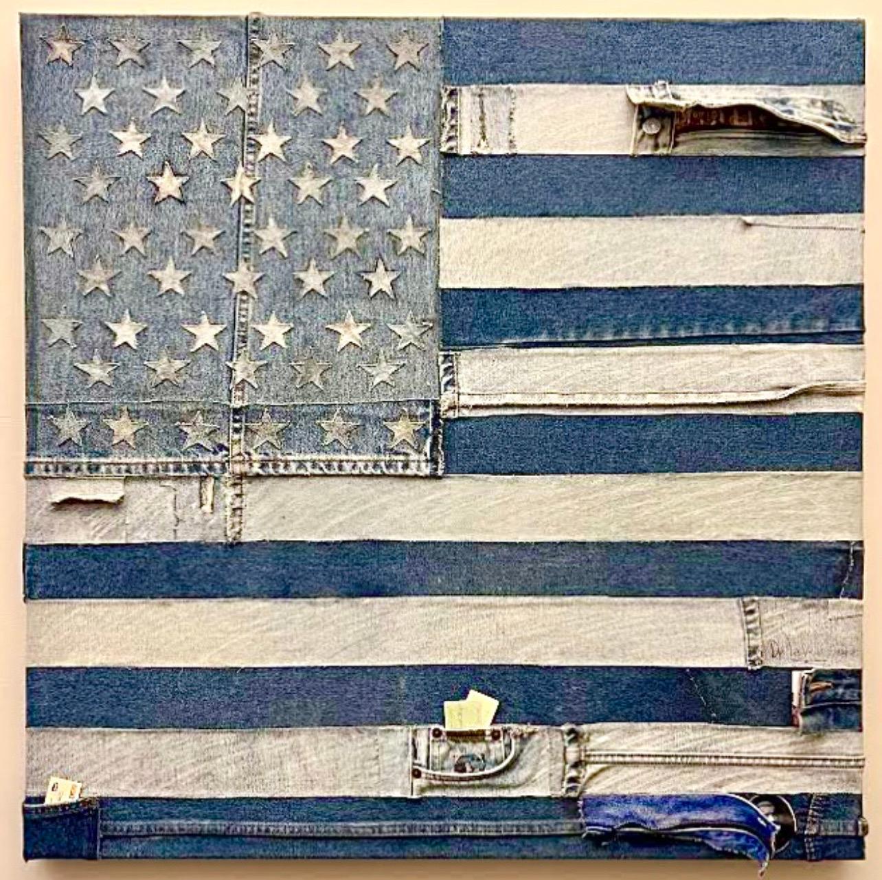 Jean Jacques DelaVerrière Abstract Sculpture – Vintage 1970er Pop Art Americana Patriotic American Flagge Denim Jeans Handgenäht, Vintage 