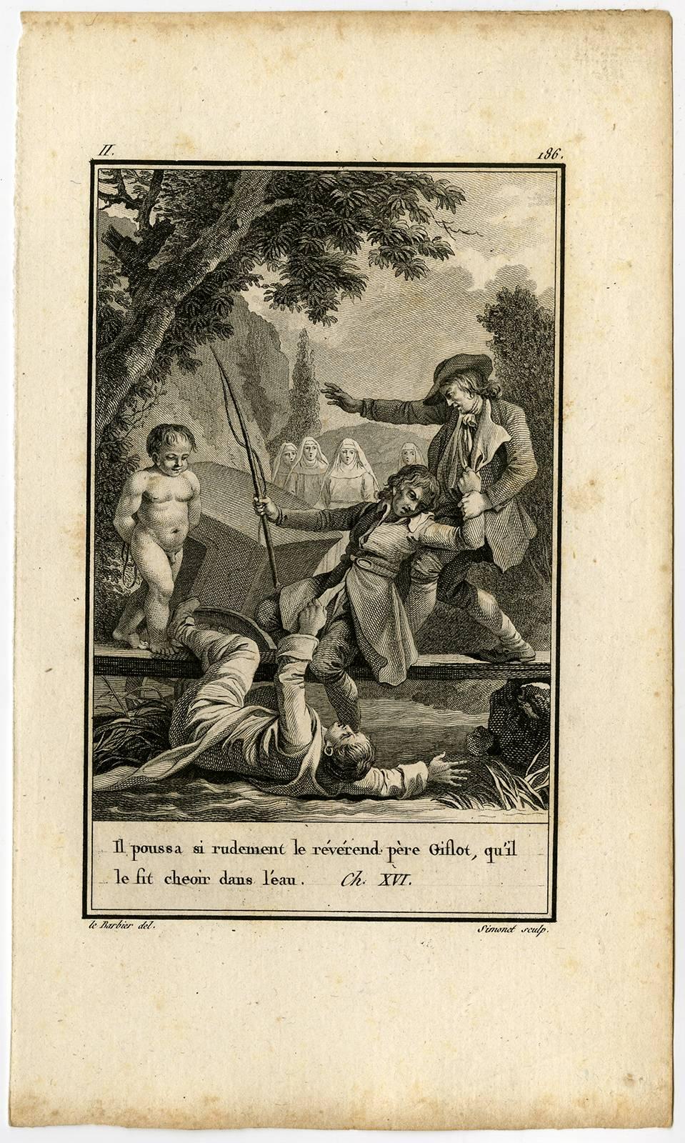 Etching on laid paper.

Illustrations to the Roman comique by Paul Carron.

Made by Several engravers after Jean Jacques Francois Le Barbier. 
Several engravers Jean-Jacques-Francois le Barbier / Lebarbier, the elder (1738-1826) was a French history