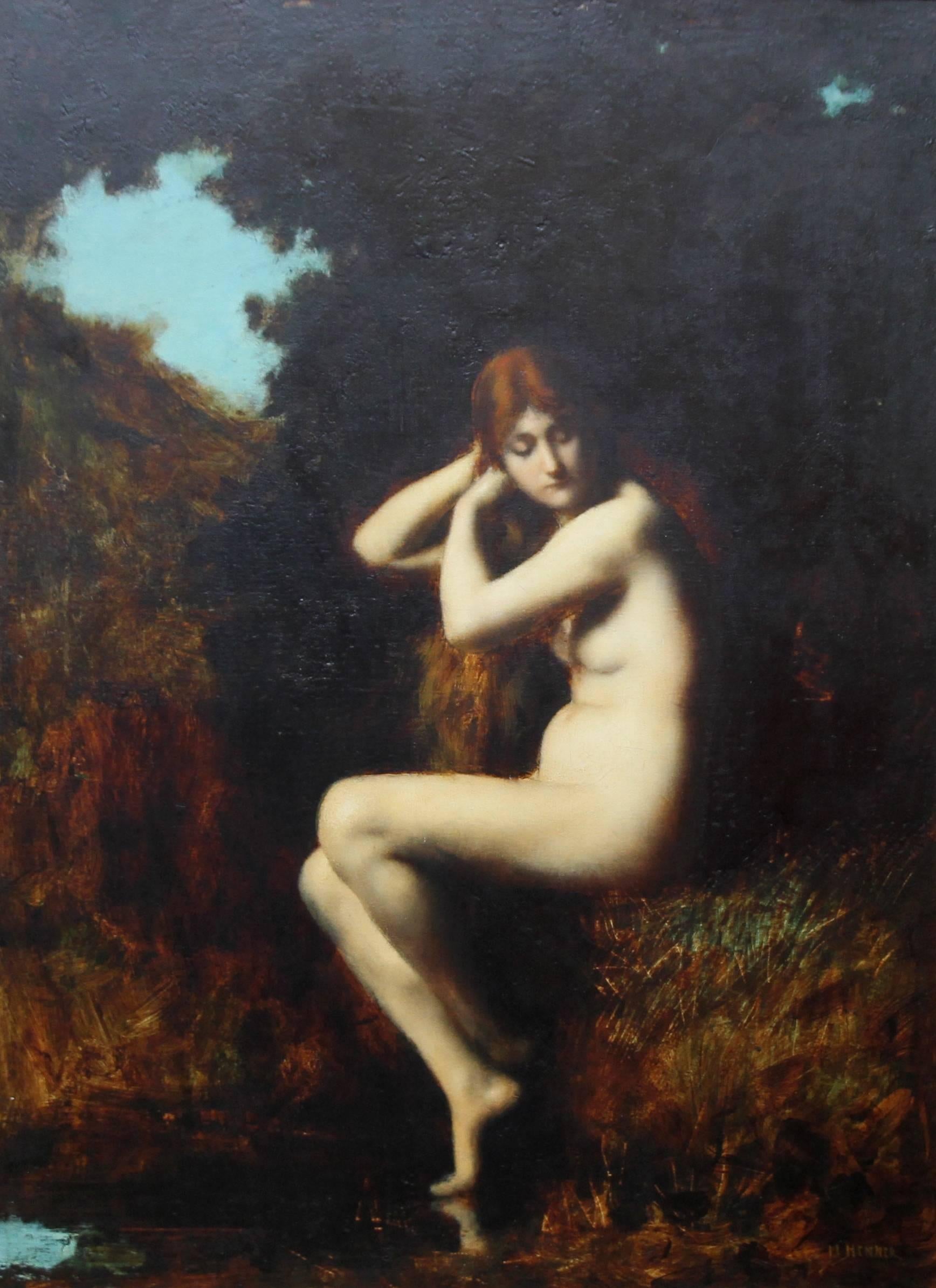 La Source - Nude in Landscape - French Impressionist art Victorian oil painting - Painting by Jean-Jacques Henner