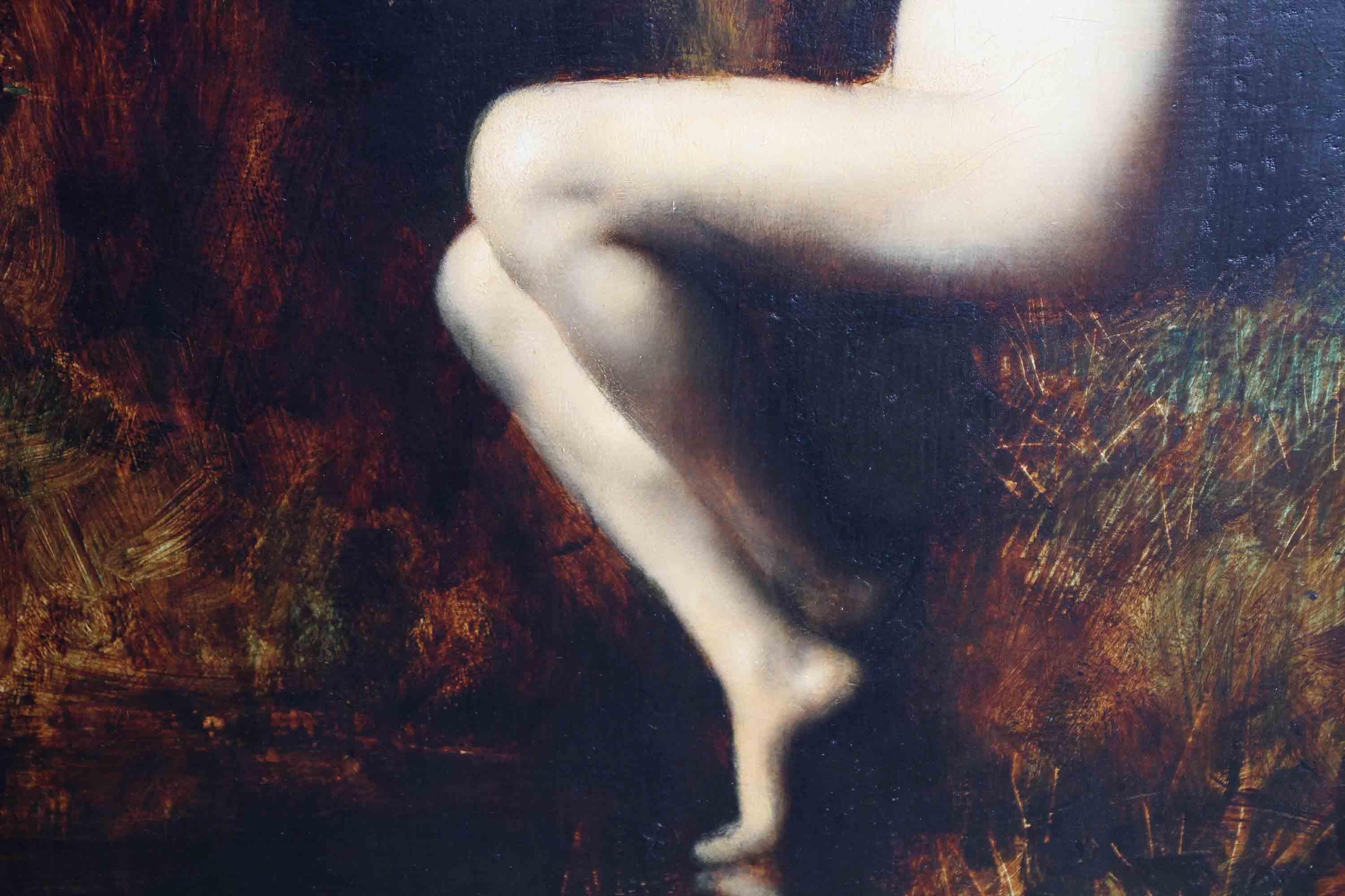 La Source - Nude in Landscape - French Impressionist art Victorian oil painting - Black Nude Painting by Jean-Jacques Henner