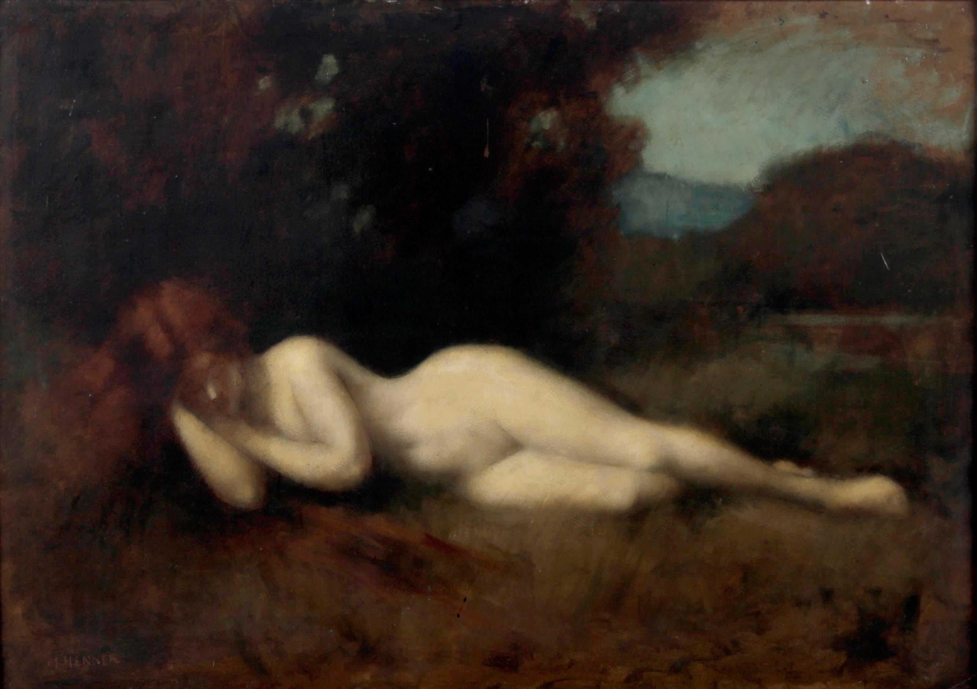 Conditio: Insgesamt gute Bedingungen. Alter Lack und kleine Retuschen an der Nase.
Orignalrahmen in ausgezeichnetem Zustand. Medaillenschild Henner.

Jean-Jacques Henner wurde am 5. März 1829 in Bernwiller, im Süden des Elsass, als Sohn von Bauern