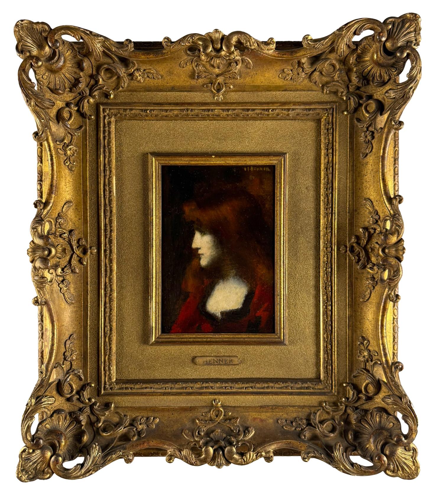 Portrait of a woman in red. Famous French painter - Painting by Jean-Jacques Henner
