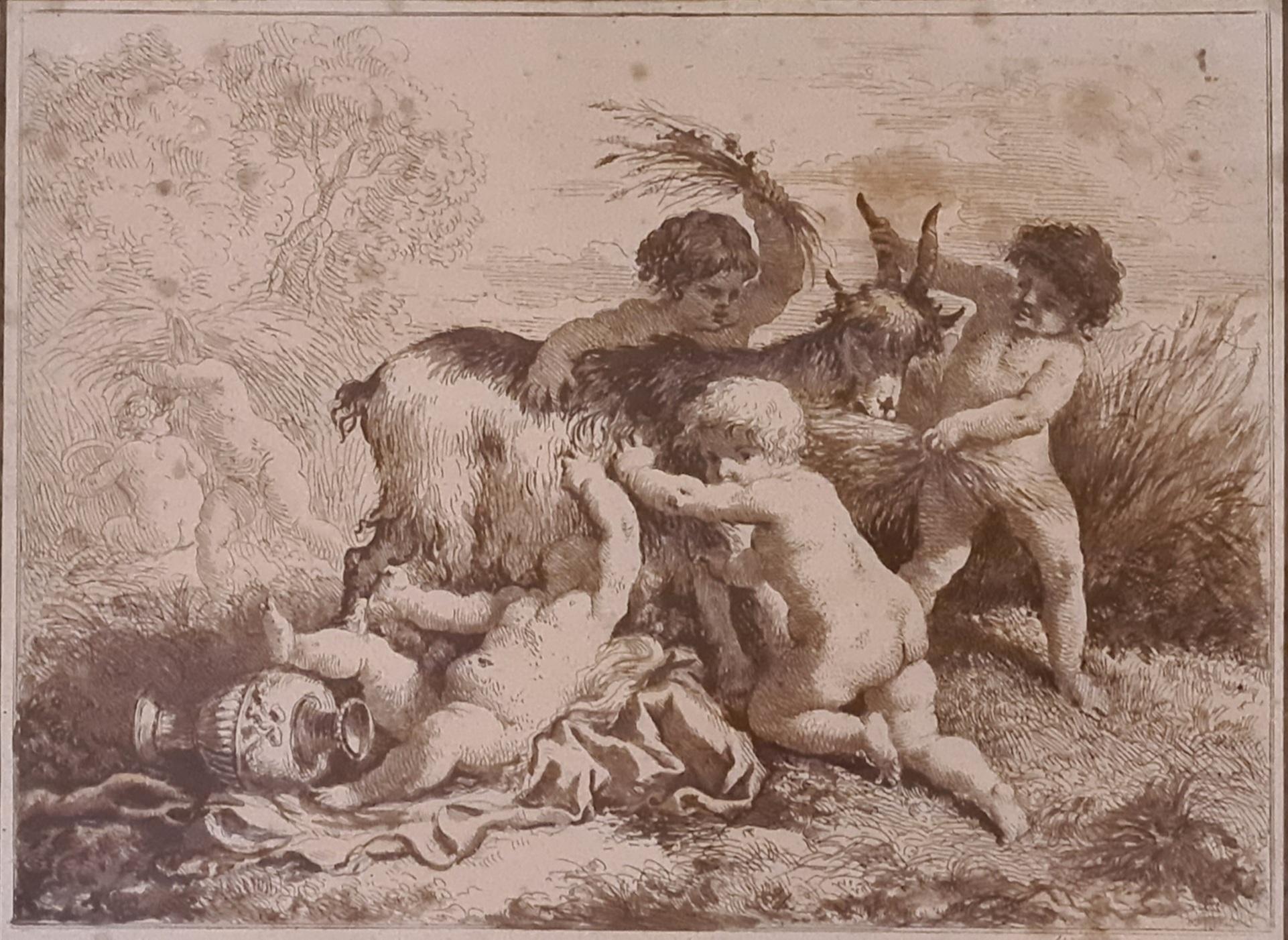 La moisson, chérubins se promenant avec une chèvre, gravure encadrée du 18ème siècle - Print de Jean-Jacques Lagrenée The Younger