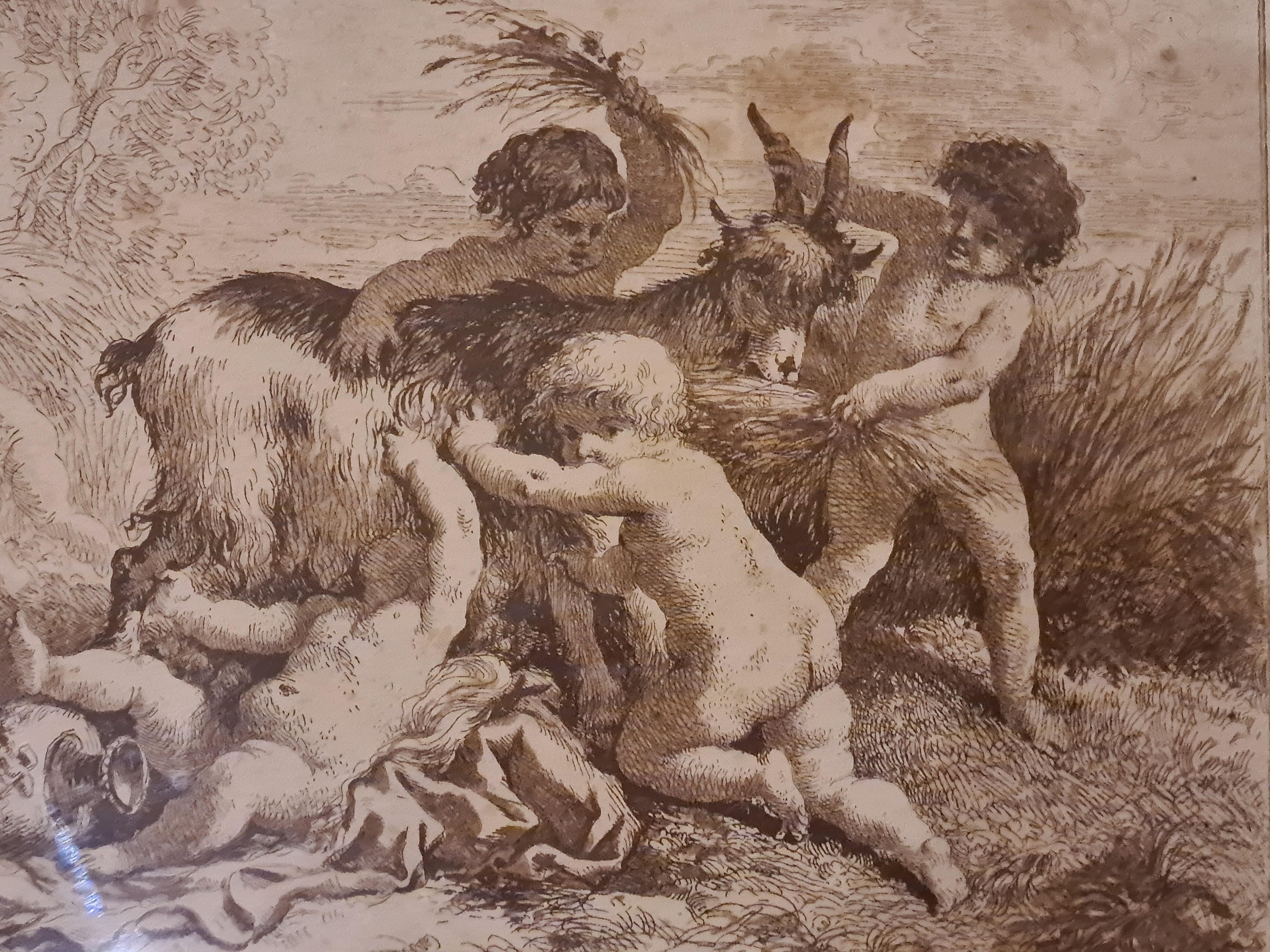 The Harvest, Cherubs Disporting with a Goat, Fine Framed 18th Century Engraving - Baroque Print by Jean-Jacques Lagrenée The Younger