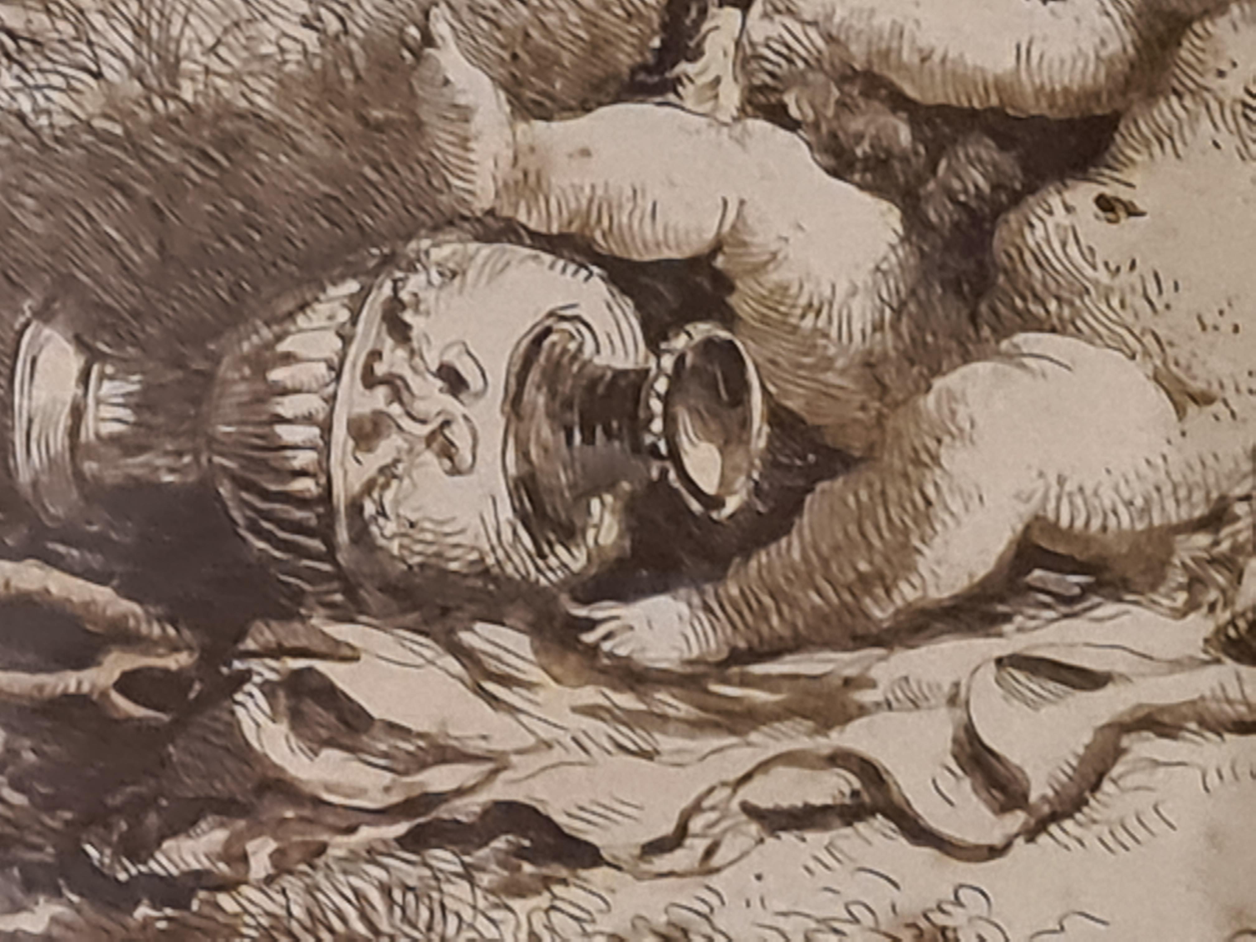 La moisson, chérubins se promenant avec une chèvre, gravure encadrée du 18ème siècle - Marron Nude Print par Jean-Jacques Lagrenée The Younger