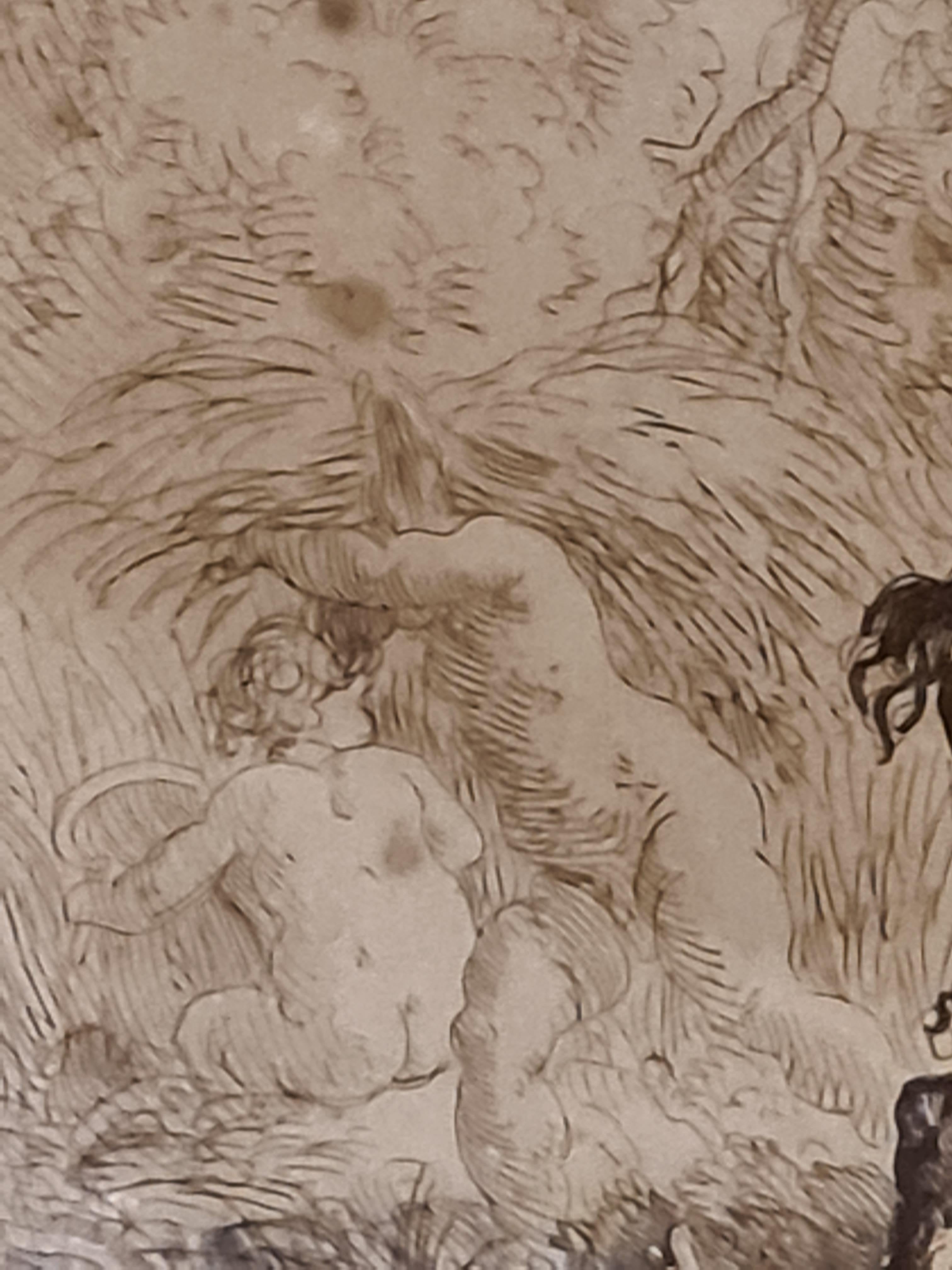 Belle gravure du 18e siècle de l'artiste français Jean-Jacques Lagrenée. Présenté avec une monture découpée à la main et un filet doré dans un cadre en bois fin et doré 