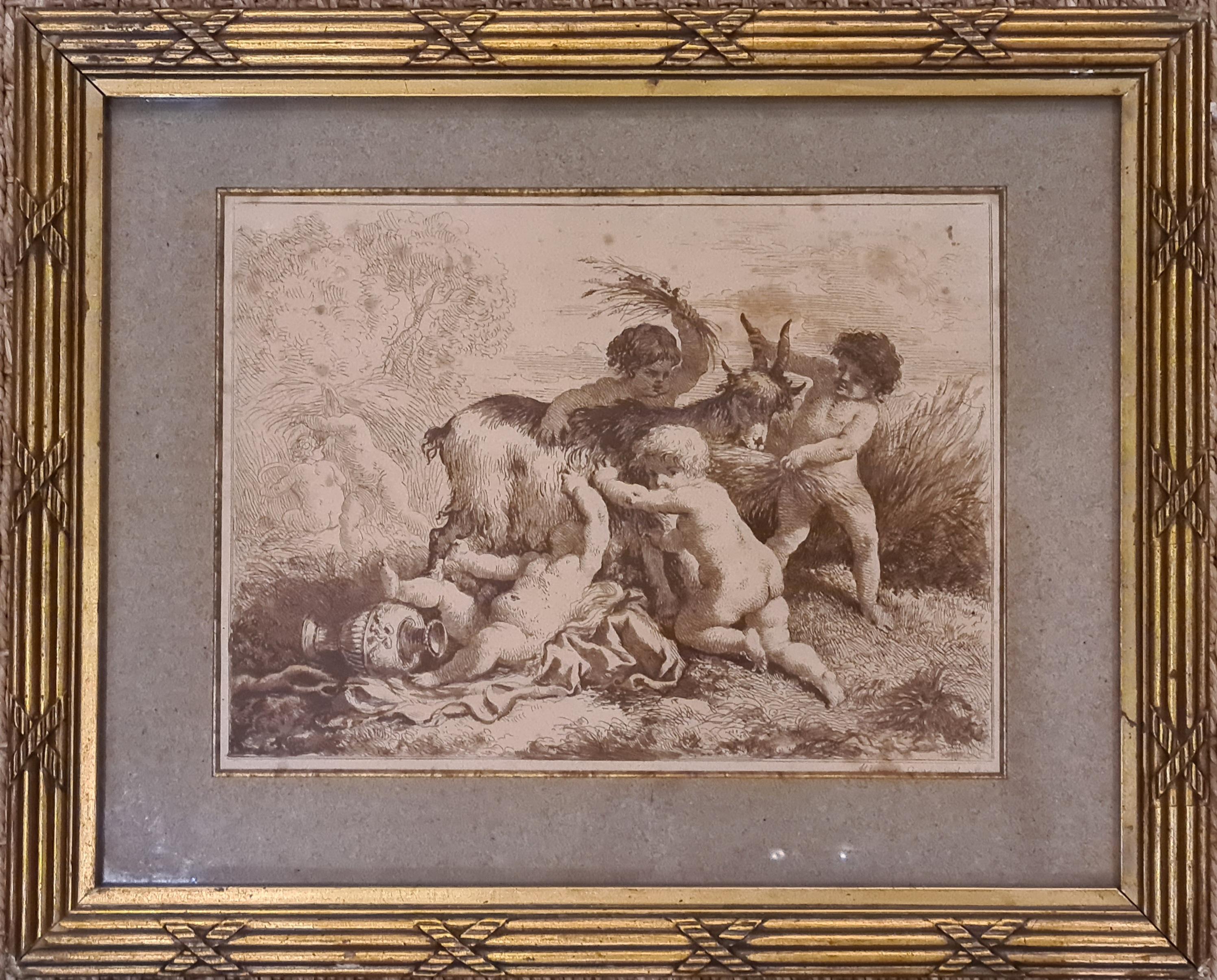 La moisson, chérubins se promenant avec une chèvre, gravure encadrée du 18ème siècle