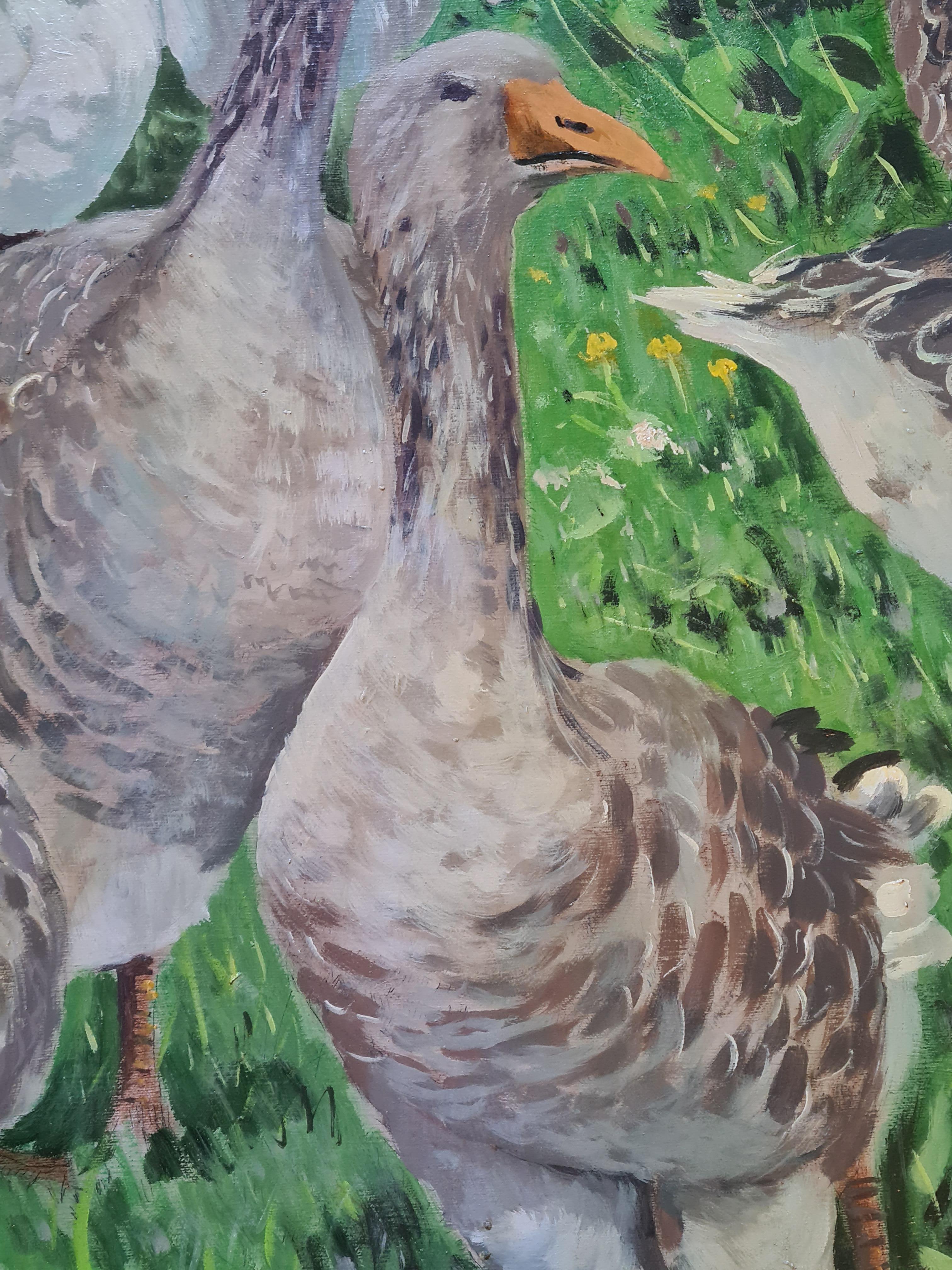 Large Canvas Painting, a Group of Geese in a Spring Meadow 'The Gaggle of Geese' For Sale 2