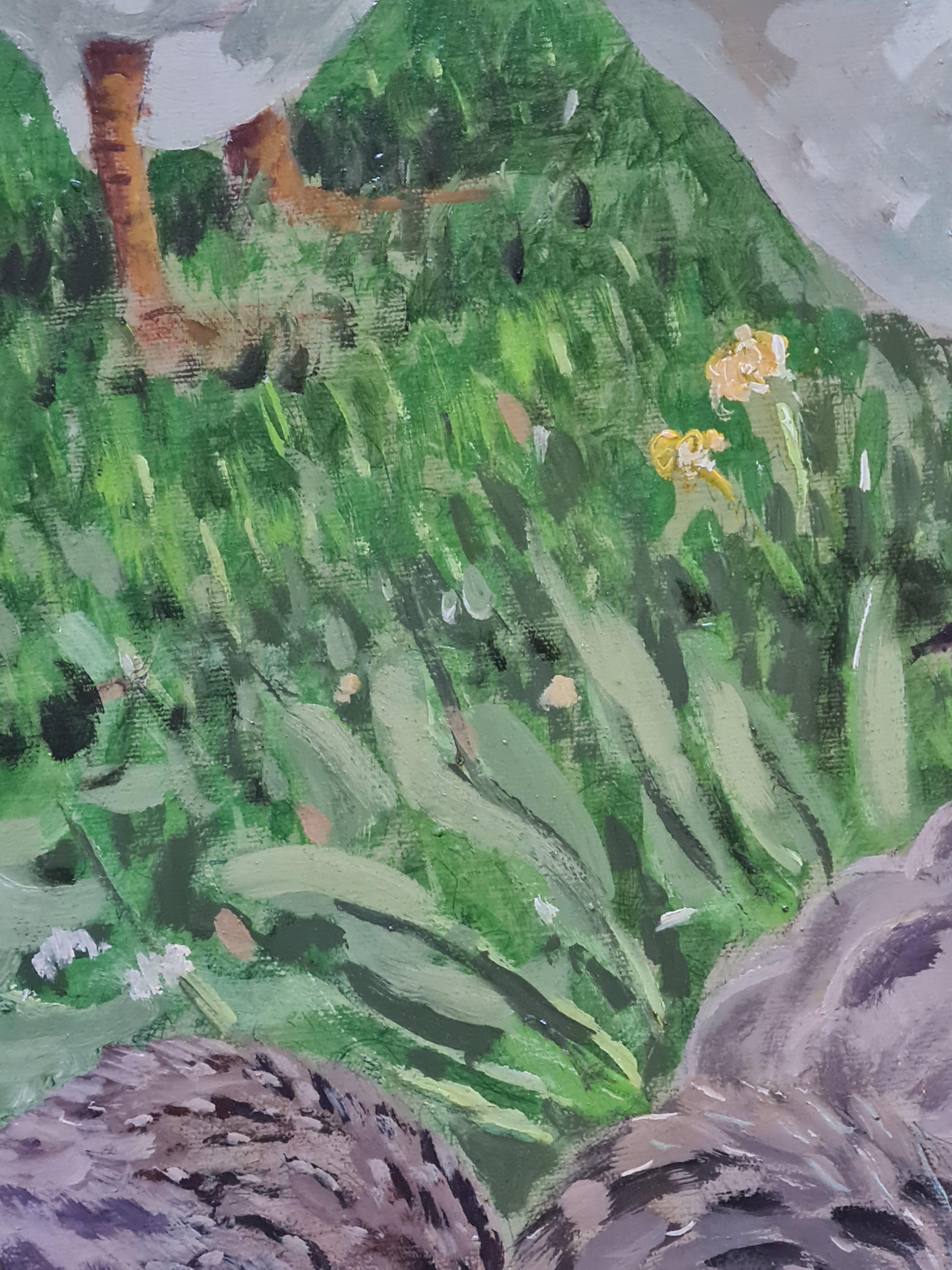 Großes Gemälde auf Leinwand, eine Gruppe von Gänseblümchen in einer Frühlingsmauer, „The Gaggle of Geese“ im Angebot 4