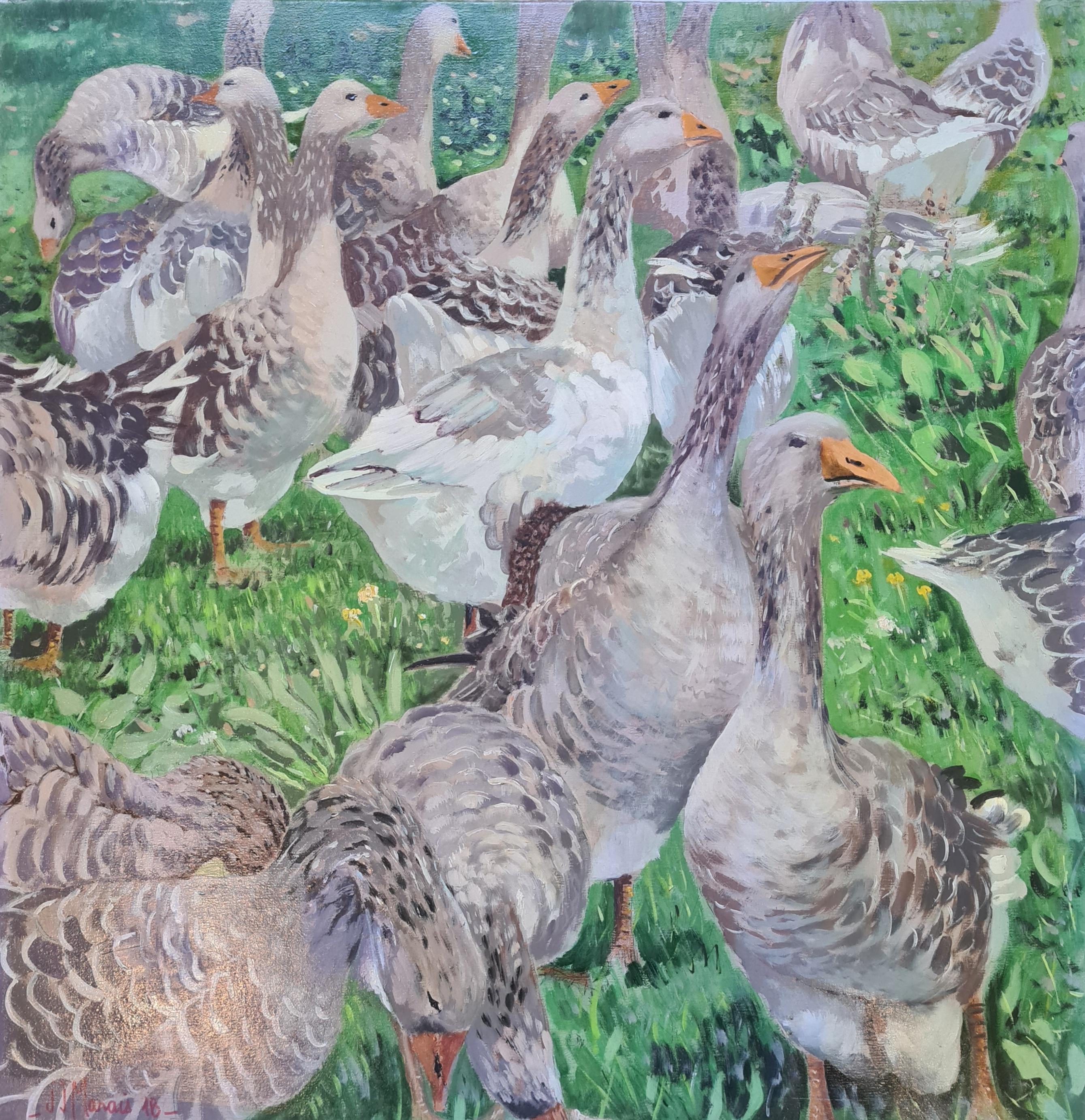 Large Canvas Painting, a Group of Geese in a Spring Meadow 'The Gaggle of Geese'