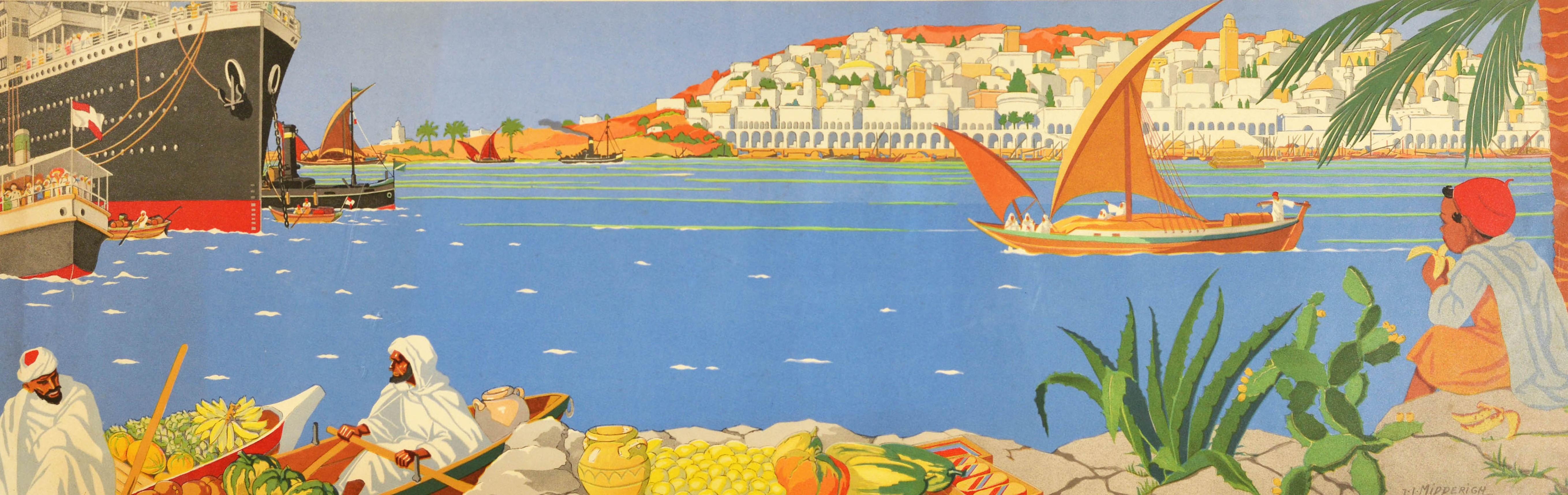 Original vintage travel poster featuring a colourful scenic artwork titled In The Near East painted by Jean Jacques Midderigh (1877-1970) showing men in rowing boats laden with tropical fruit and a boy sitting on rocks eating a banana under a palm