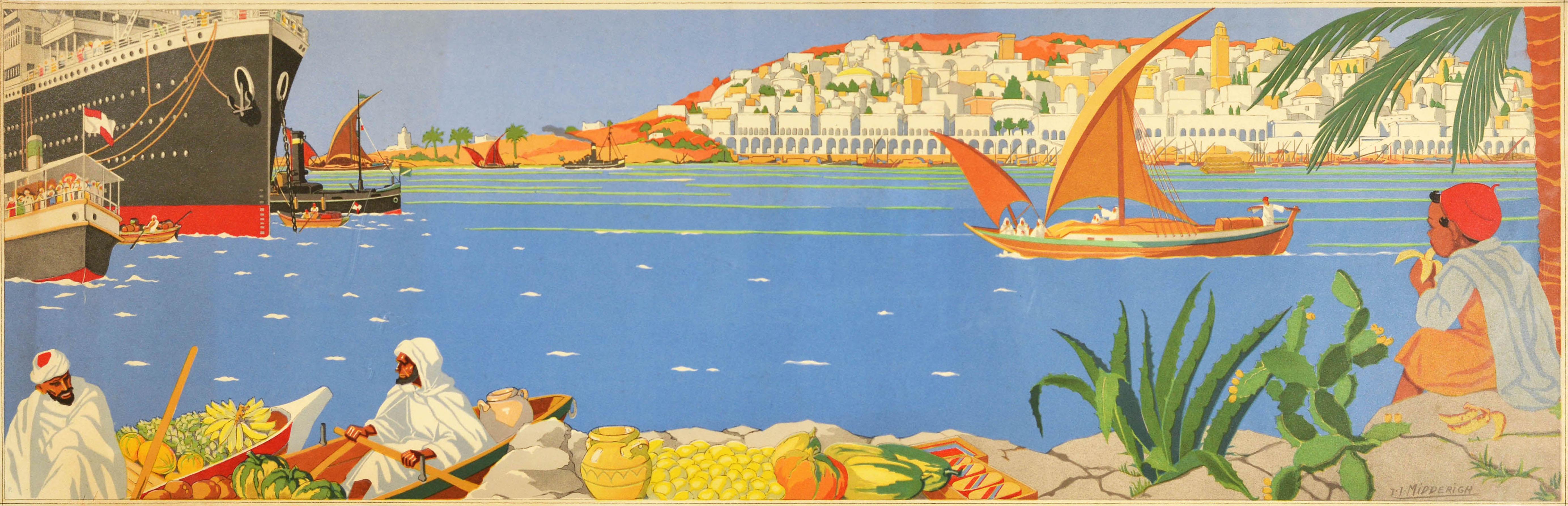 Jean Jacques Midderigh Print – Original Vintage-Poster, „In The Near East“, Kreuzfahrtschiffe, Segelboote, Reisen, Kunst