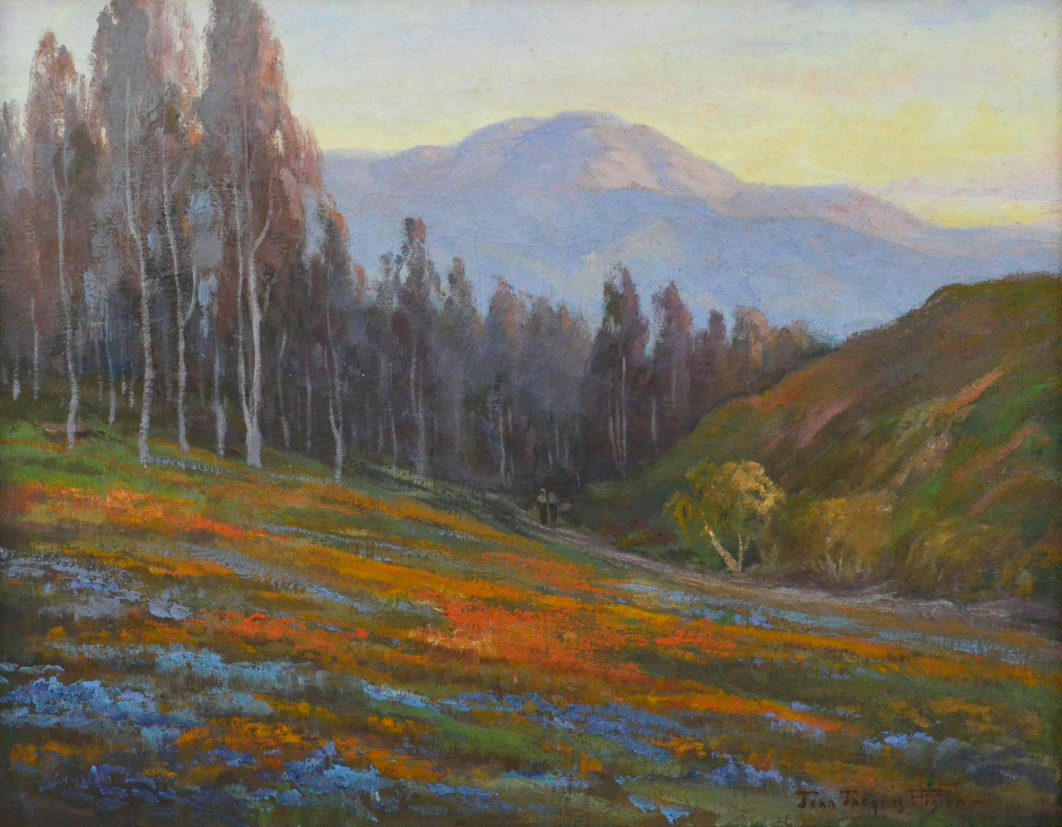 Wonderful early 20th Century California impressionist painting, looking towards Mount Tamalpais from Lake Bon Tempe, with a couple strolling through poppies and Lupine by Jean Jacques Pfister (Swiss/American, 1878-1949), circa 1910. Signed lower