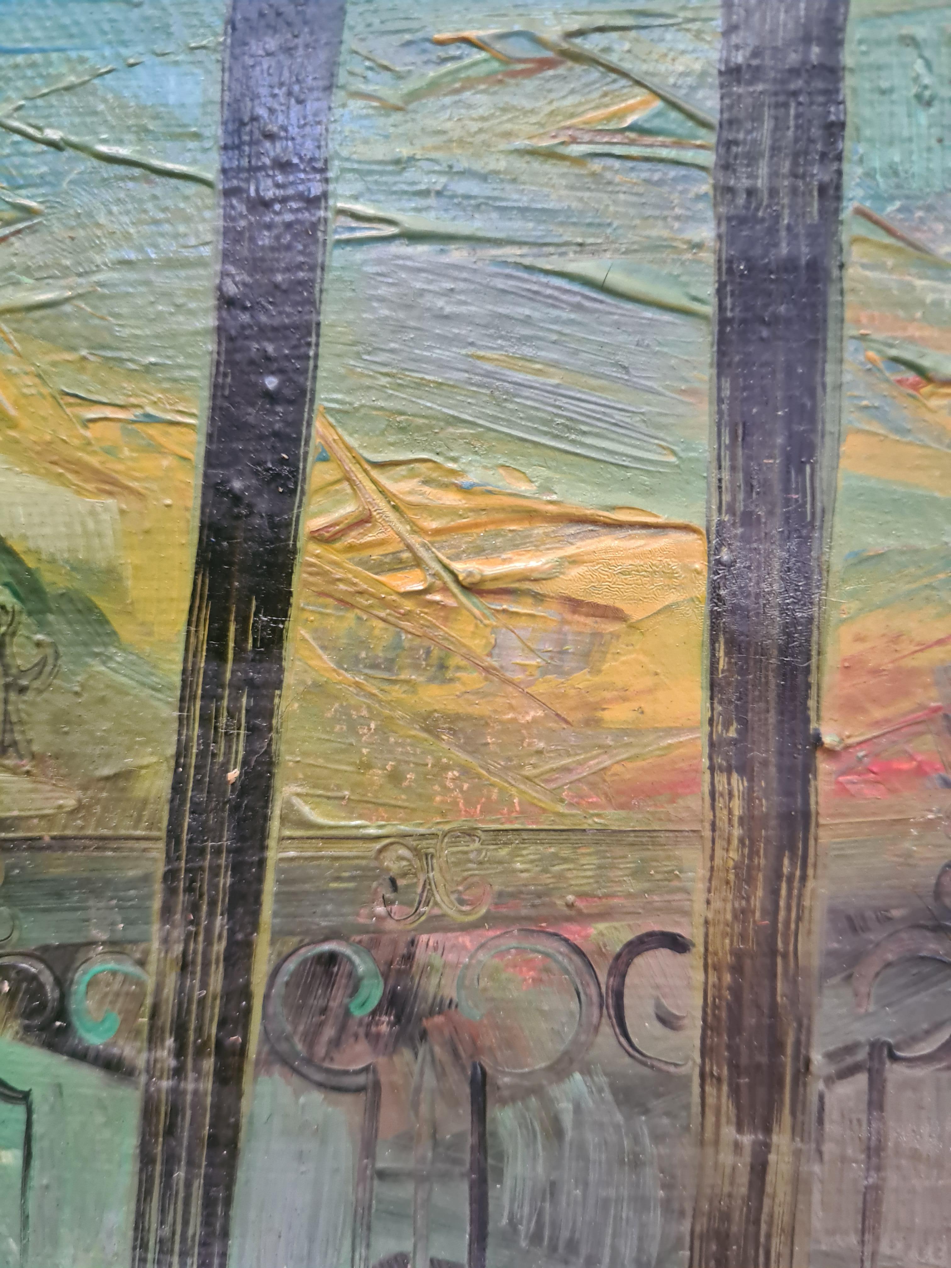 Huile sur toile expressionniste fauve française vue d'une fenêtre sur un balcon par Jean-Jacques Philippon. Le tableau est signé et daté en bas à droite et une étiquette d'exposition pour le Label Kleber, Paris, se trouve au dos de la toile. Le