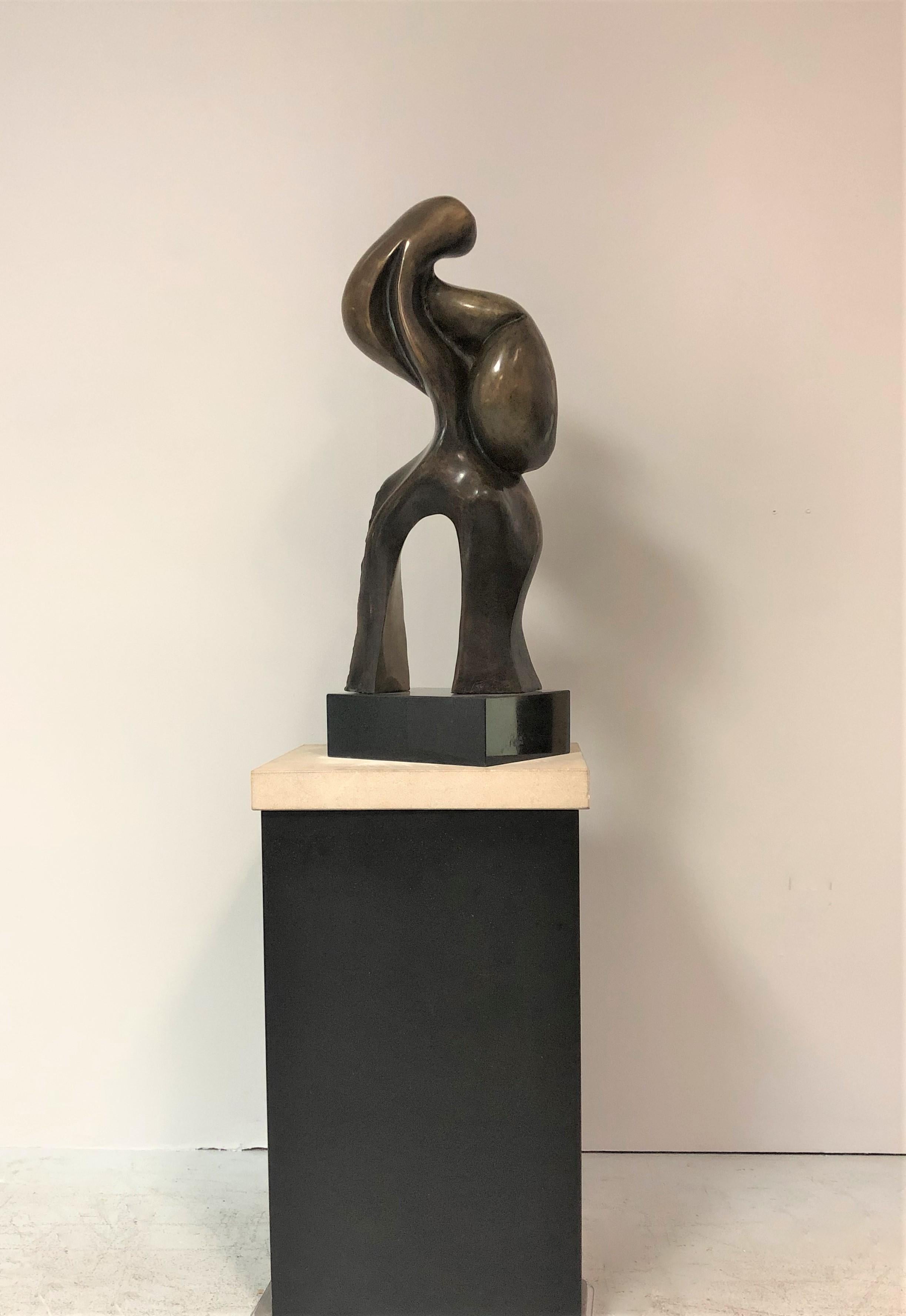A large bronze sculpture by Chicago based Swiss artist Jean Jacques Porret. Stands on a black marble base and also includes a black pedestal with a stone top. Signed, dated 4-83 and numbered 1/5.
Total height with stand is 66