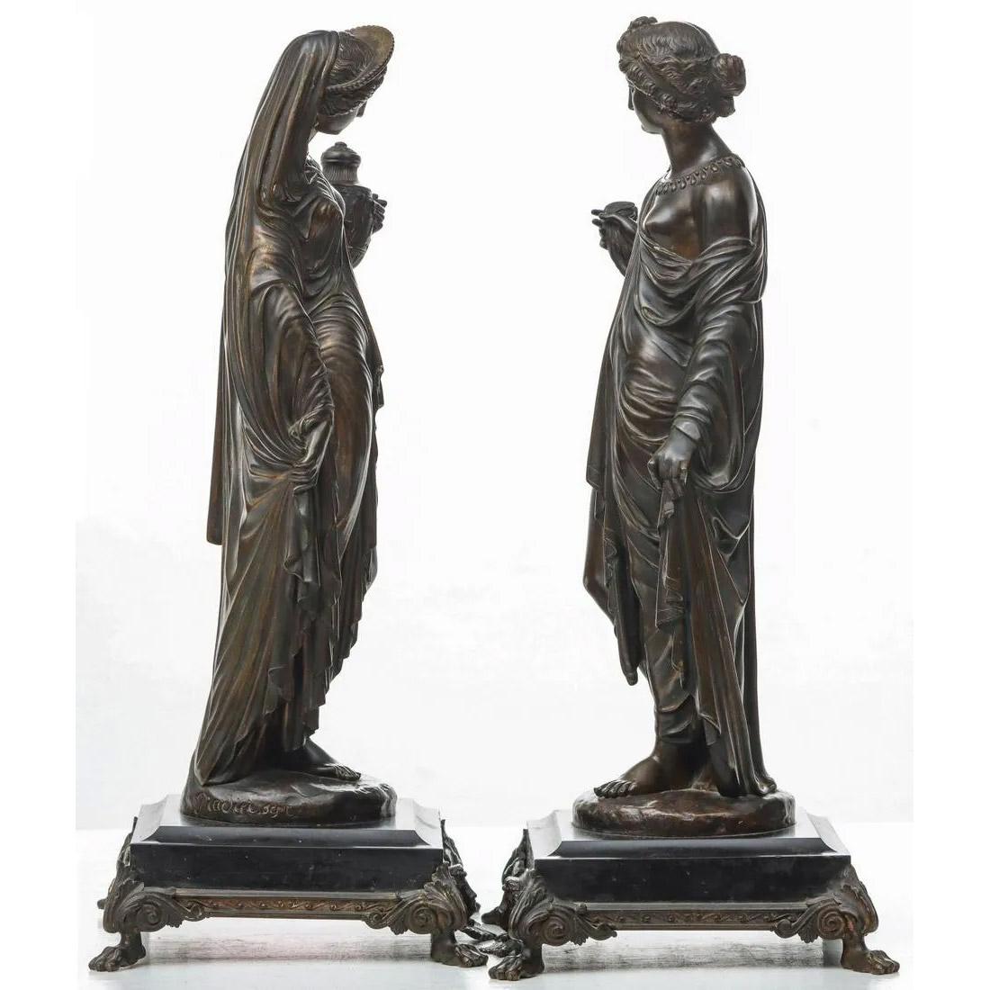 Fine Quality Pair of Neoclassical Patinated Bronze Sculptures - Gold Figurative Sculpture by Jean Jacques Pradier 