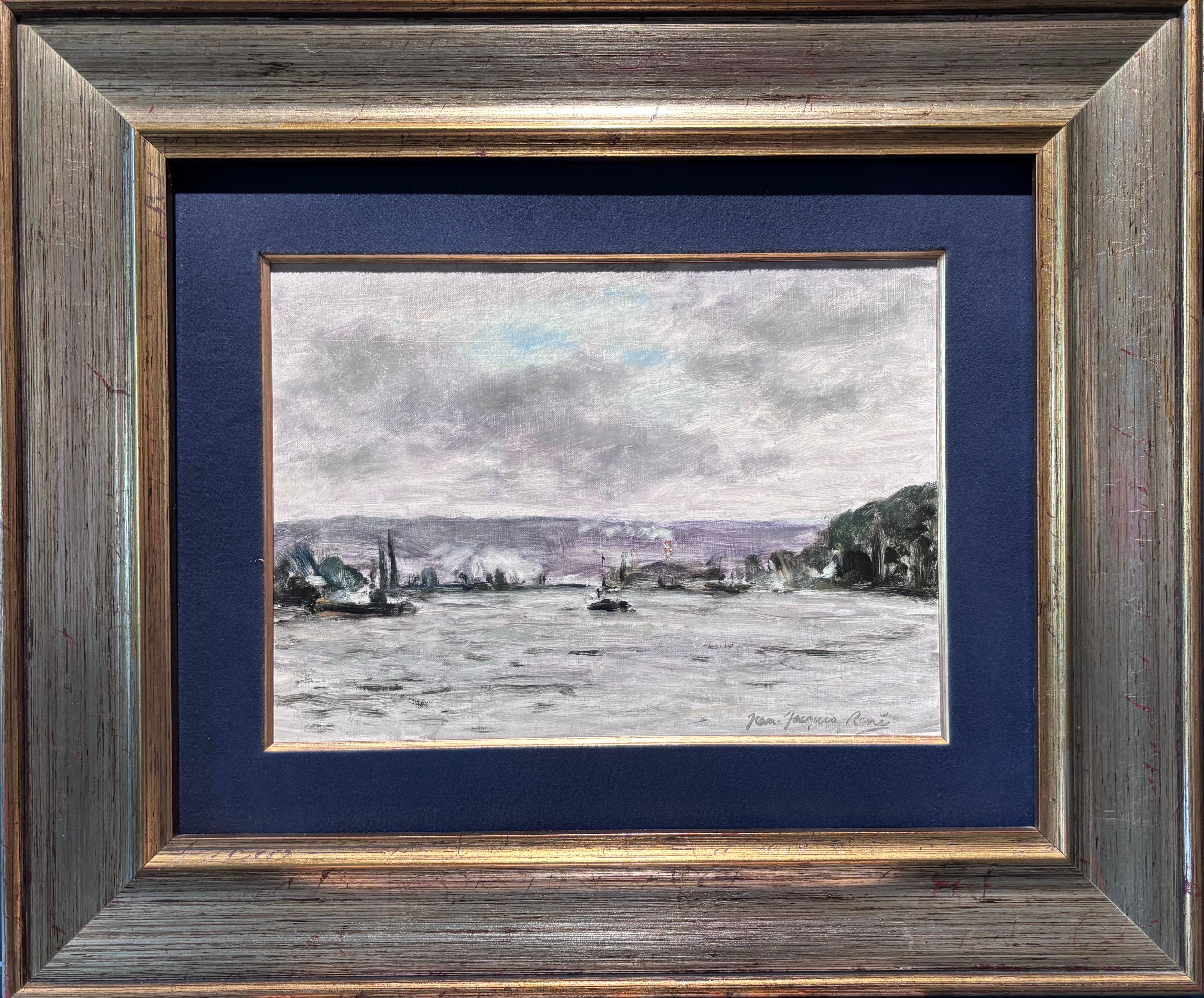 Jean Jacques Rene Landscape Painting – "La seine pres de Rouen" Olio su tela cm. 24 x 33 1972