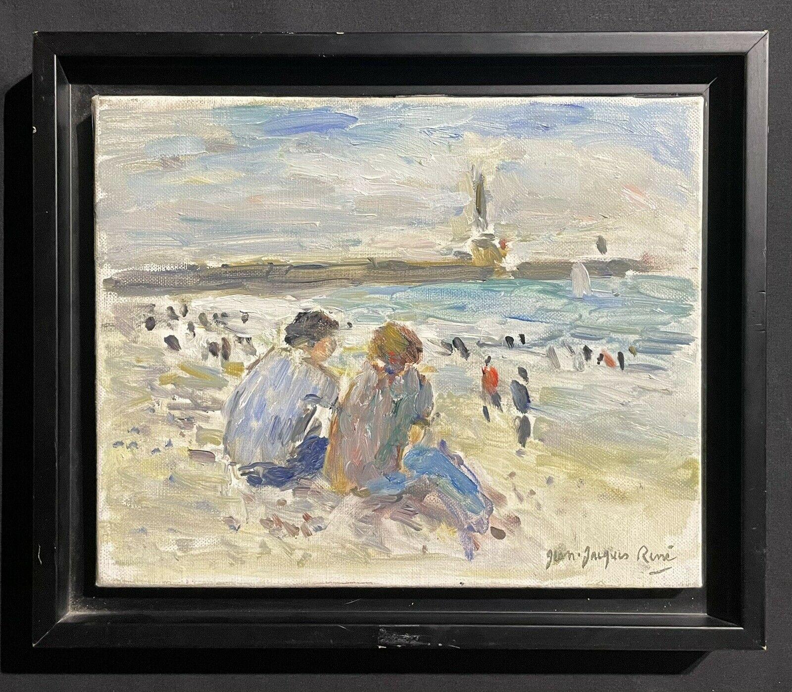 JEAN JACQUES RENE (FRENCH B.1943) SIGNED OIL - FIGURES SEATED LE HAVRE BEACH - Painting by Jean Jacques Rene