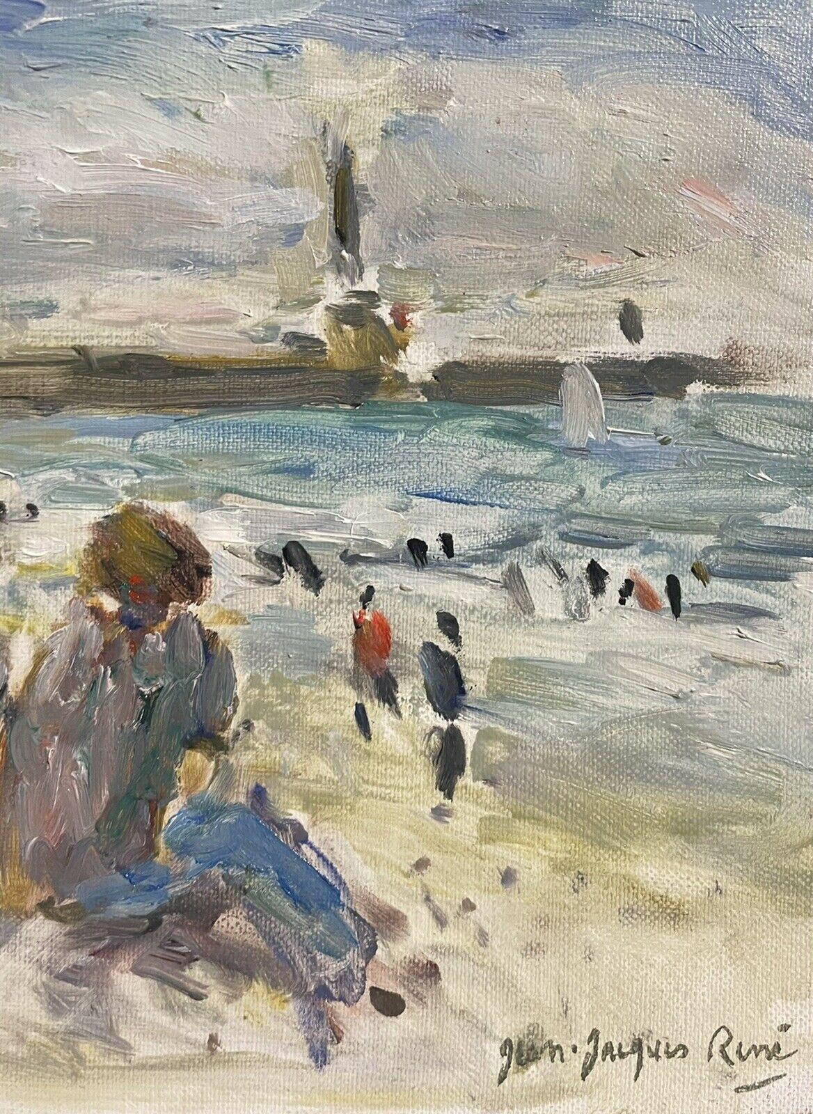 JEAN JACQUES RENE (FRENCH B.1943) SIGNED OIL - FIGURES SEATED LE HAVRE BEACH - Beige Landscape Painting by Jean Jacques Rene