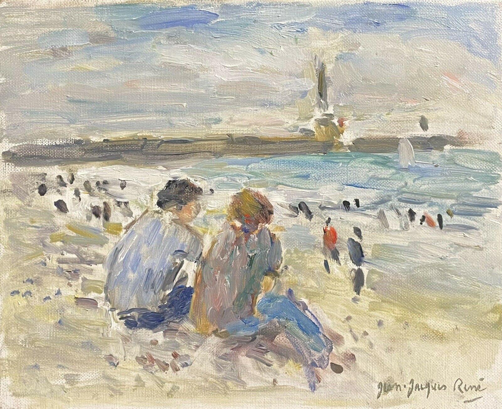 Jean Jacques Rene Landscape Painting - JEAN JACQUES RENE (FRENCH B.1943) SIGNED OIL - FIGURES SEATED LE HAVRE BEACH