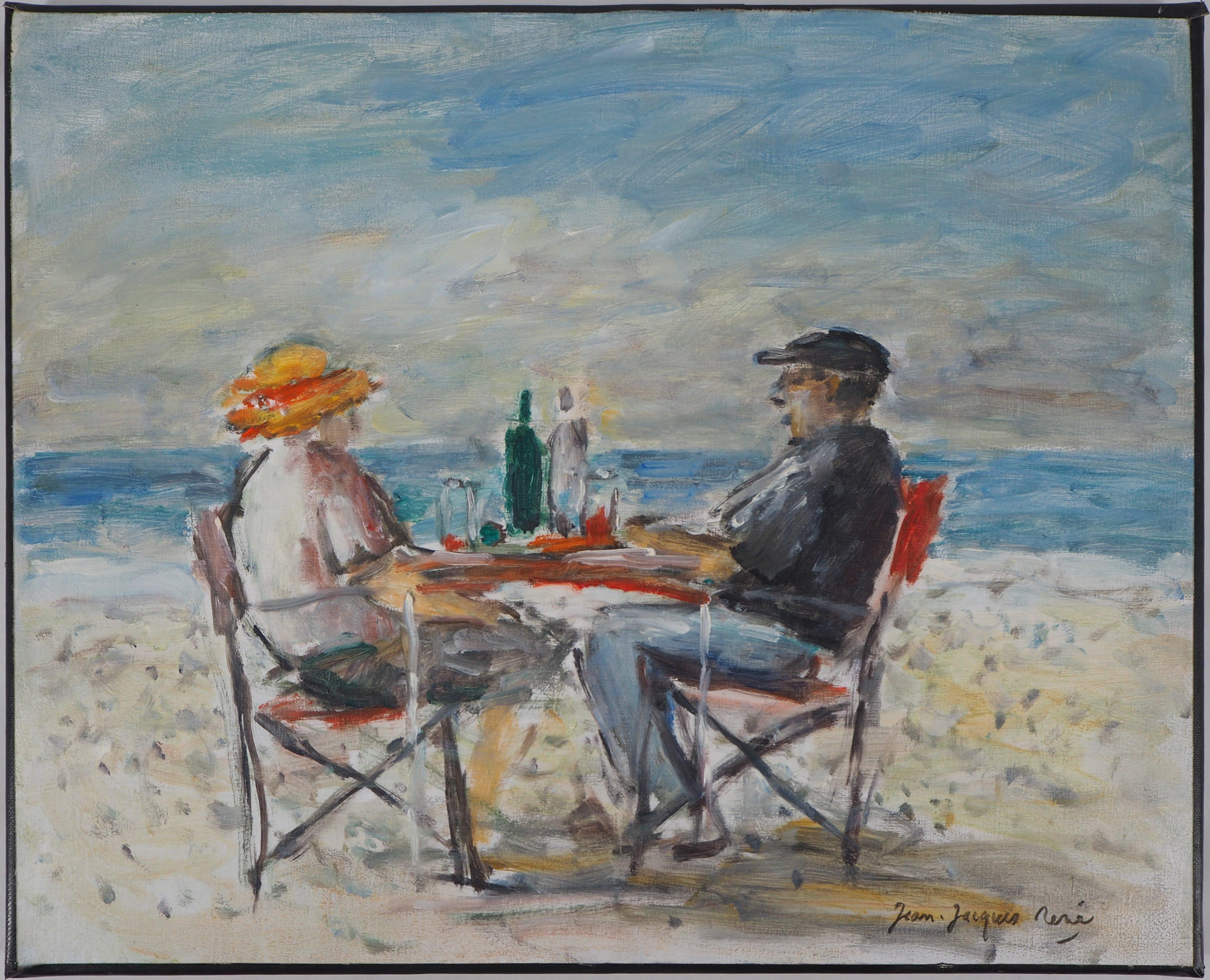 Pranzo sulla spiaggia - Olio su tela Hansigned - Painting di Jean Jacques Rene