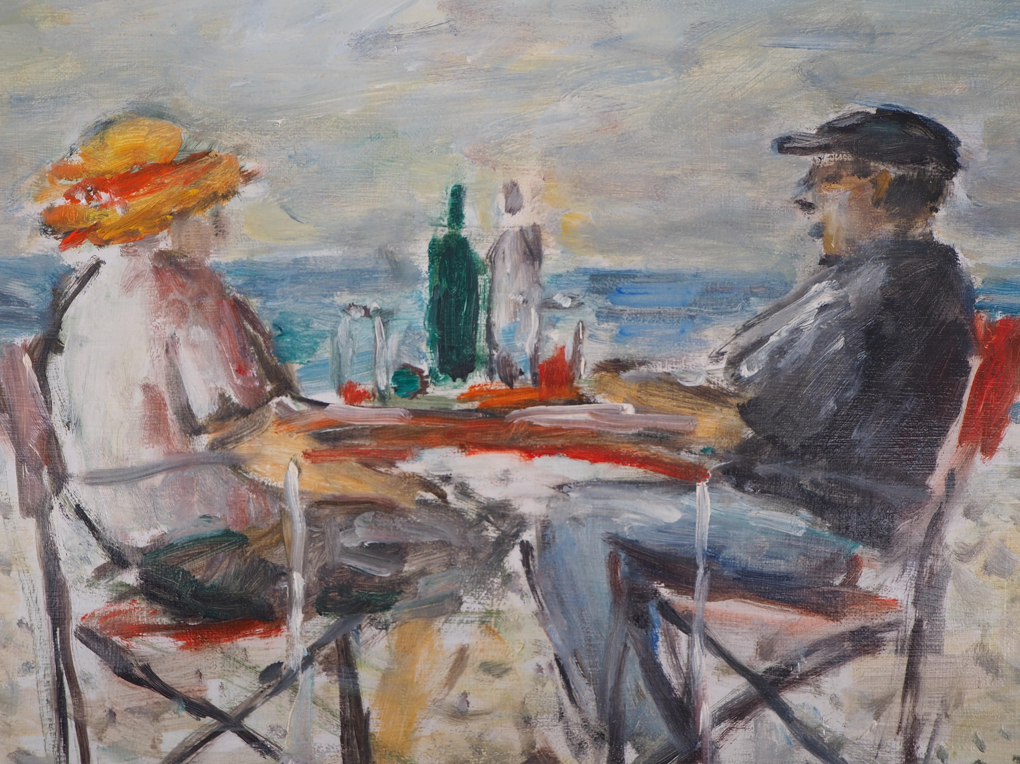 Pranzo sulla spiaggia - Olio su tela Hansigned - Figurative Painting Grigio di Jean Jacques Rene