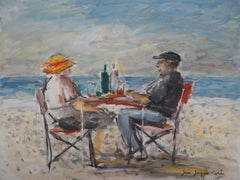 Almuerzo en la playa - Óleo sobre lienzo Hansigned