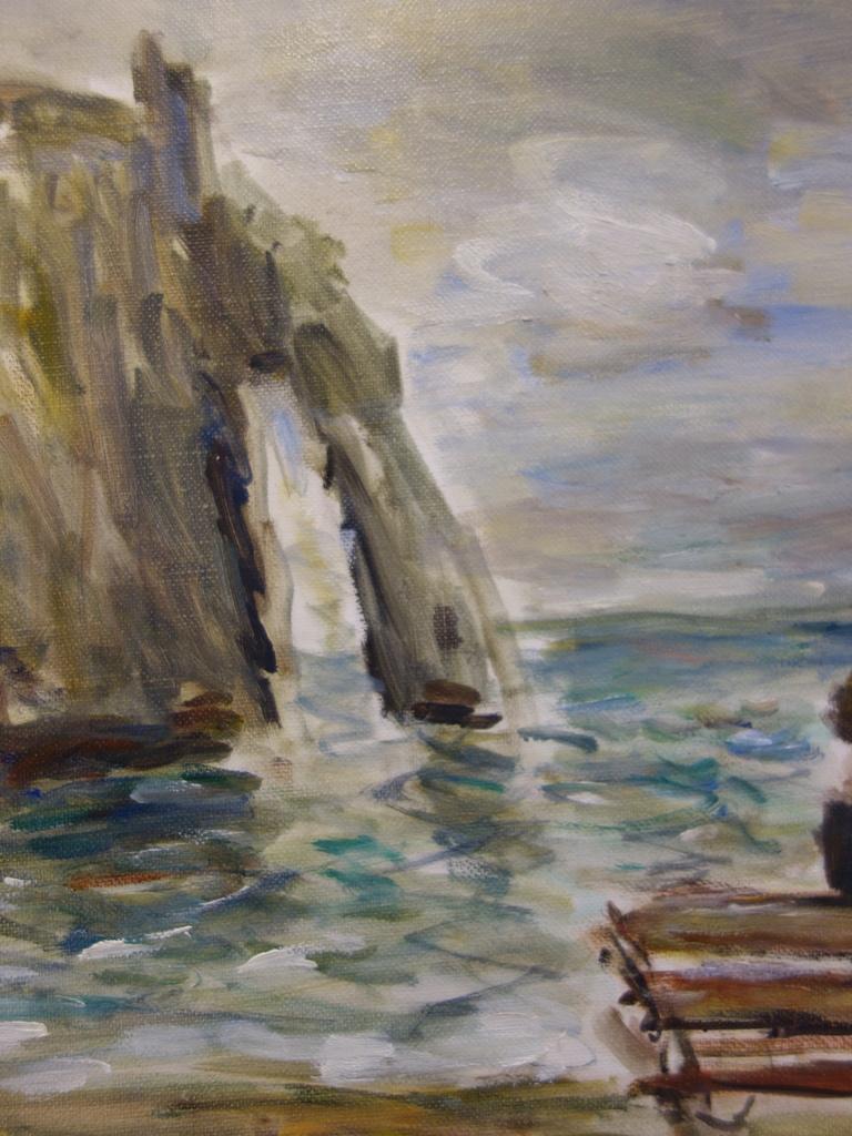 Normandia : Su una panchina a Etretat - Olio su tela originale Hansigned - Painting di Jean Jacques Rene
