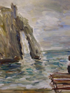 Normandy : On a Bench in Etretat - Original Oil On Canvas Hansigned