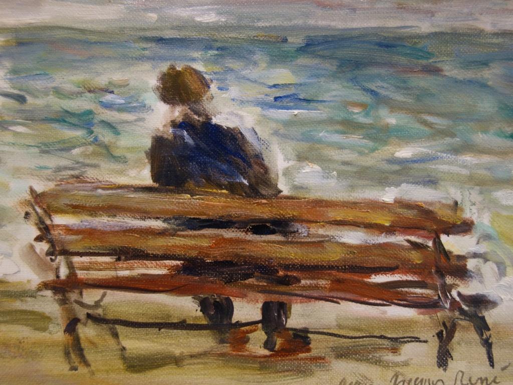 Normandia : Su una panchina a Etretat - Olio su tela originale Hansigned - Painting Moderno di Jean Jacques Rene