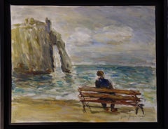 Vintage Normandy : On a Bench in Etretat - Original Oil On Canvas Hansigned