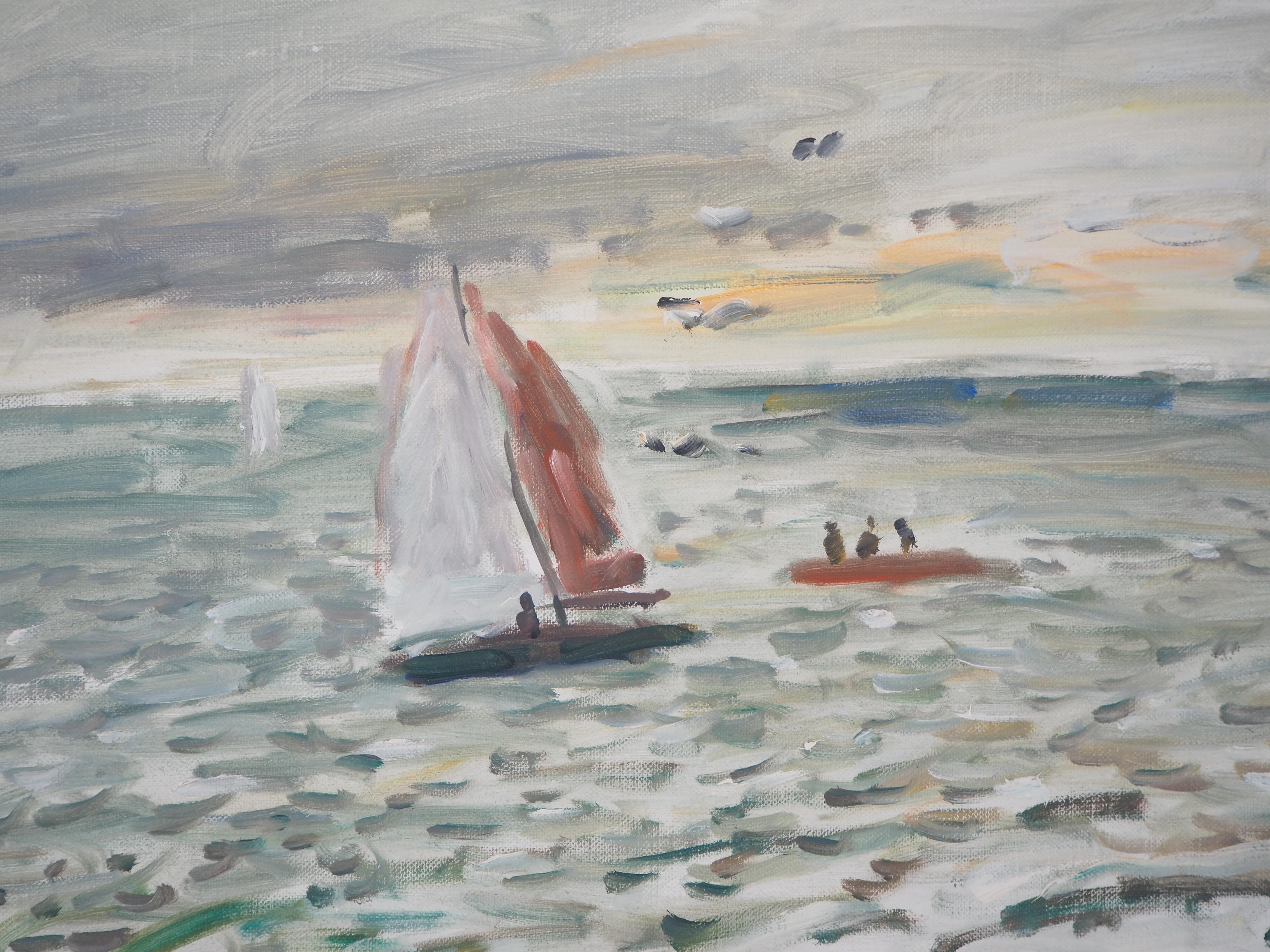 Sailboat in Brittany - Original Oil On Canvas Hansigned - Modern Painting by Jean Jacques Rene