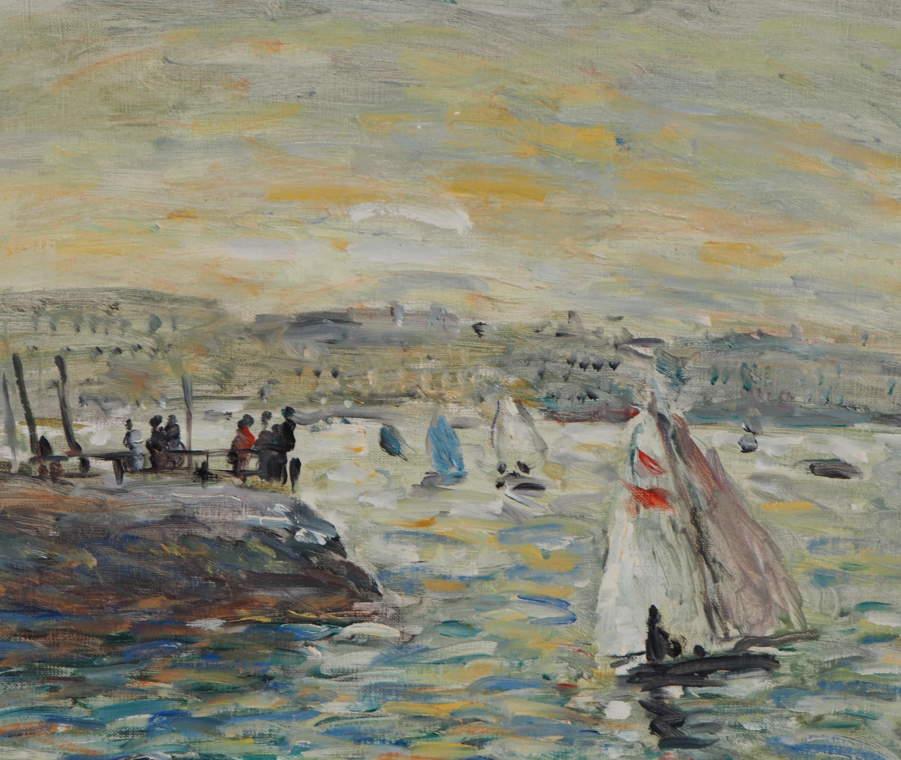 Sailings in Havre - Huile sur toile signée - Gris Landscape Painting par Jean Jacques Rene