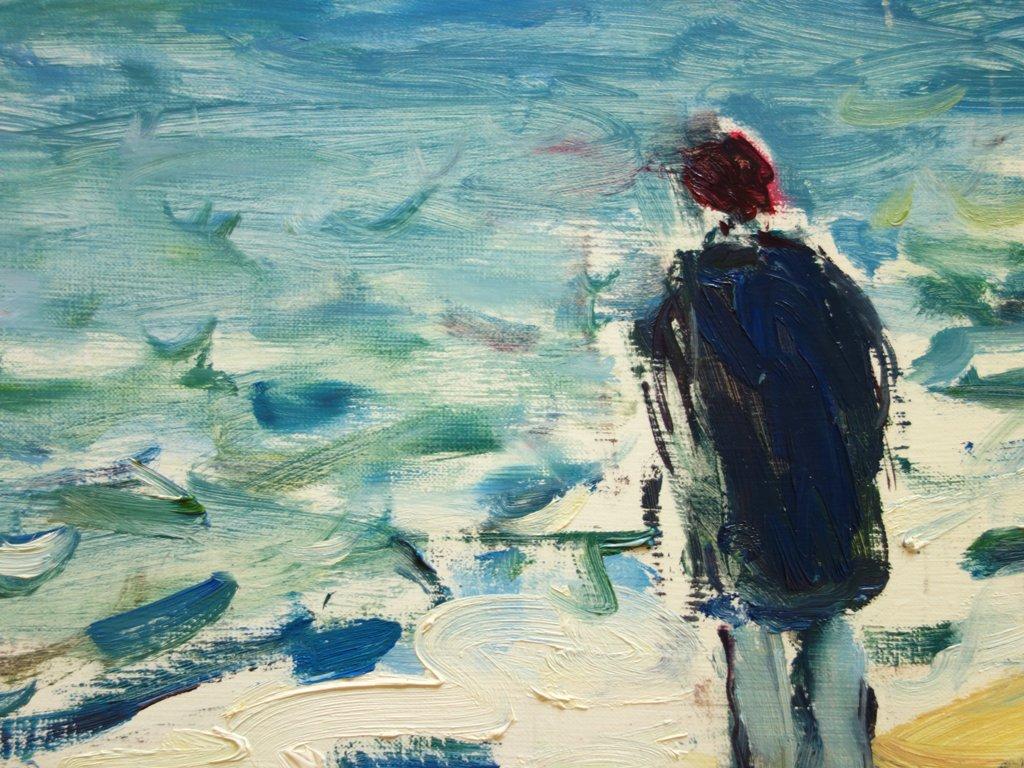 Travel, In Front of the Atlantic Ocean - Huile sur toile signée - Gris Landscape Painting par Jean Jacques Rene
